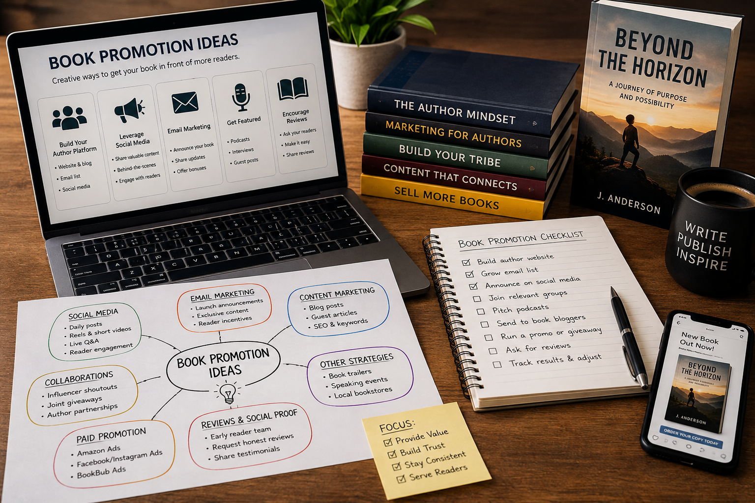 Premium, realistic book promotion ideas visual showing social media, email marketing, podcasts, reviews, collaborations, and author platform strategies.