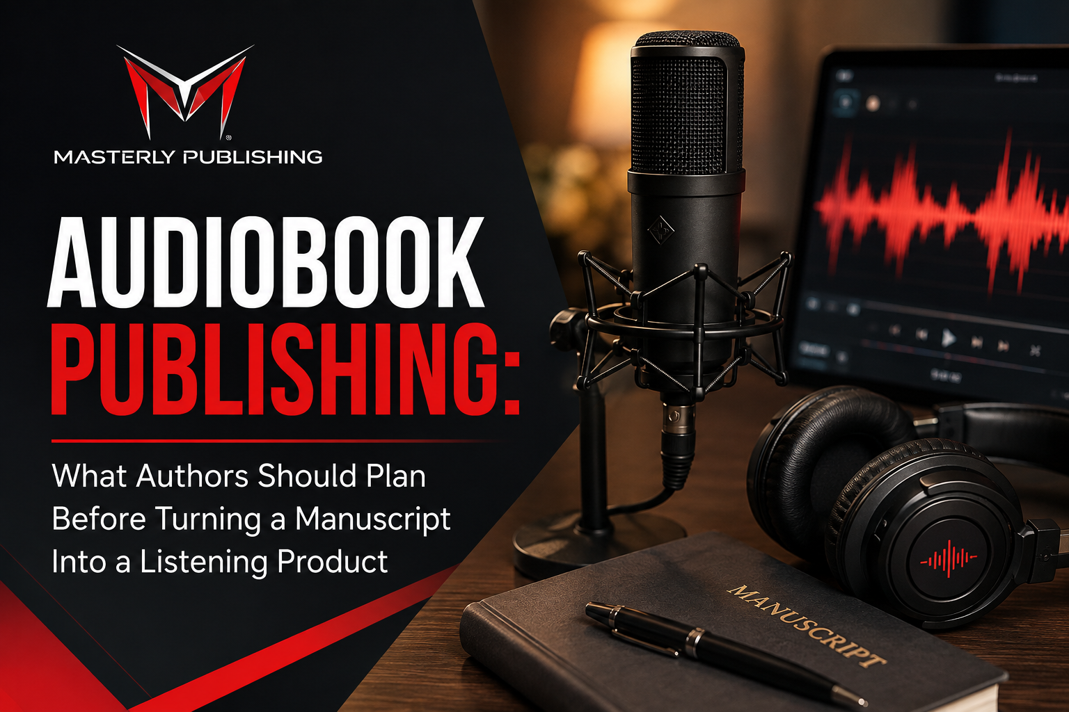 Audiobook publishing setup with microphone, headphones, manuscript, and audio editing screen.