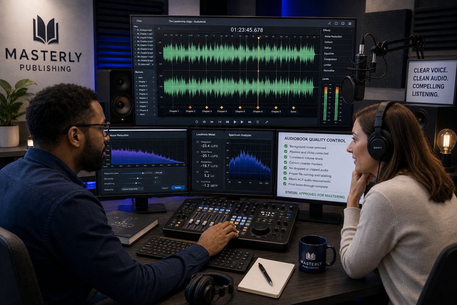 Professional audiobook editor reviewing narration, audio waveforms, and mastering tools before audiobook distribution.