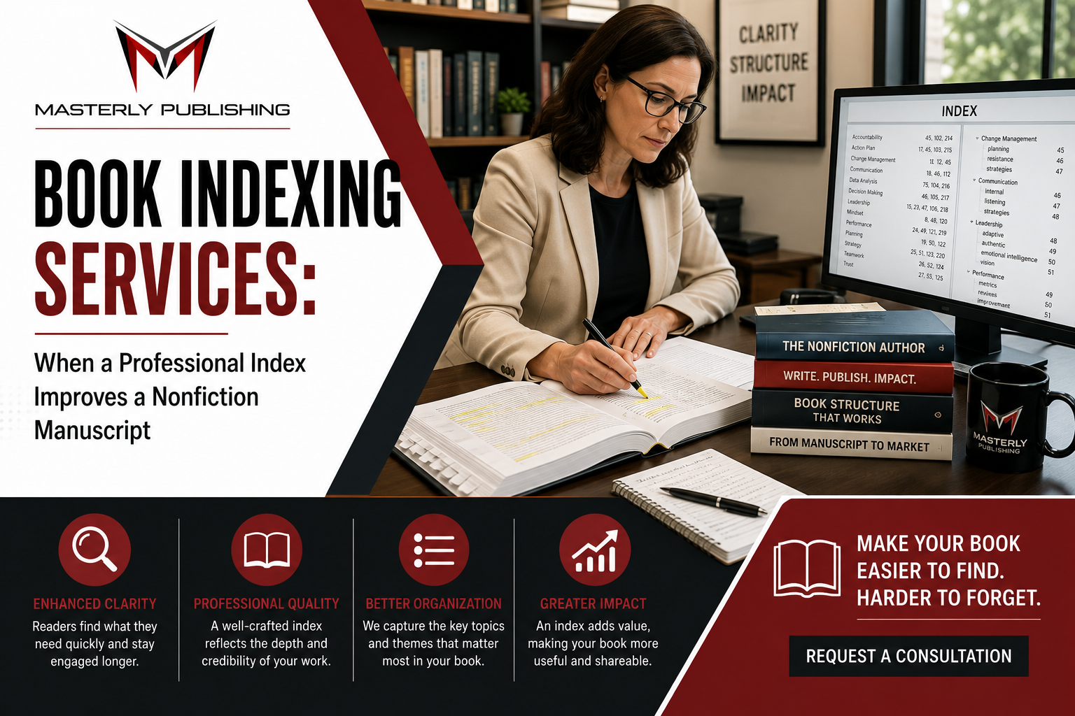 Professional editor indexing a nonfiction manuscript at desk