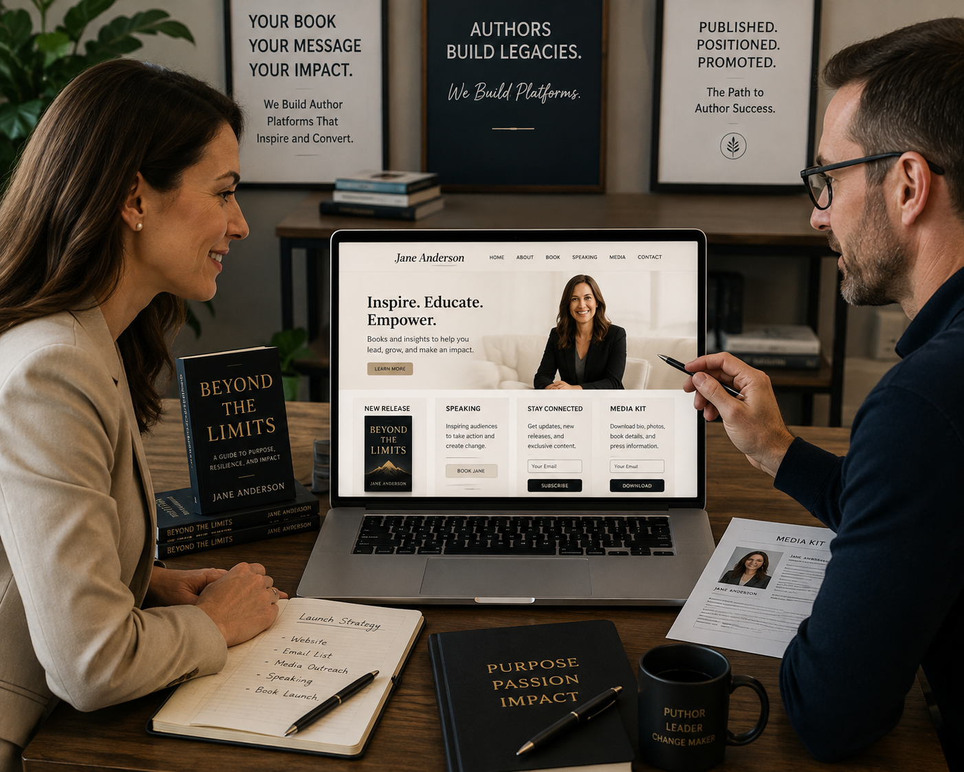 Professional author website design featuring a book launch website, author branding, speaking information, and email list integration.