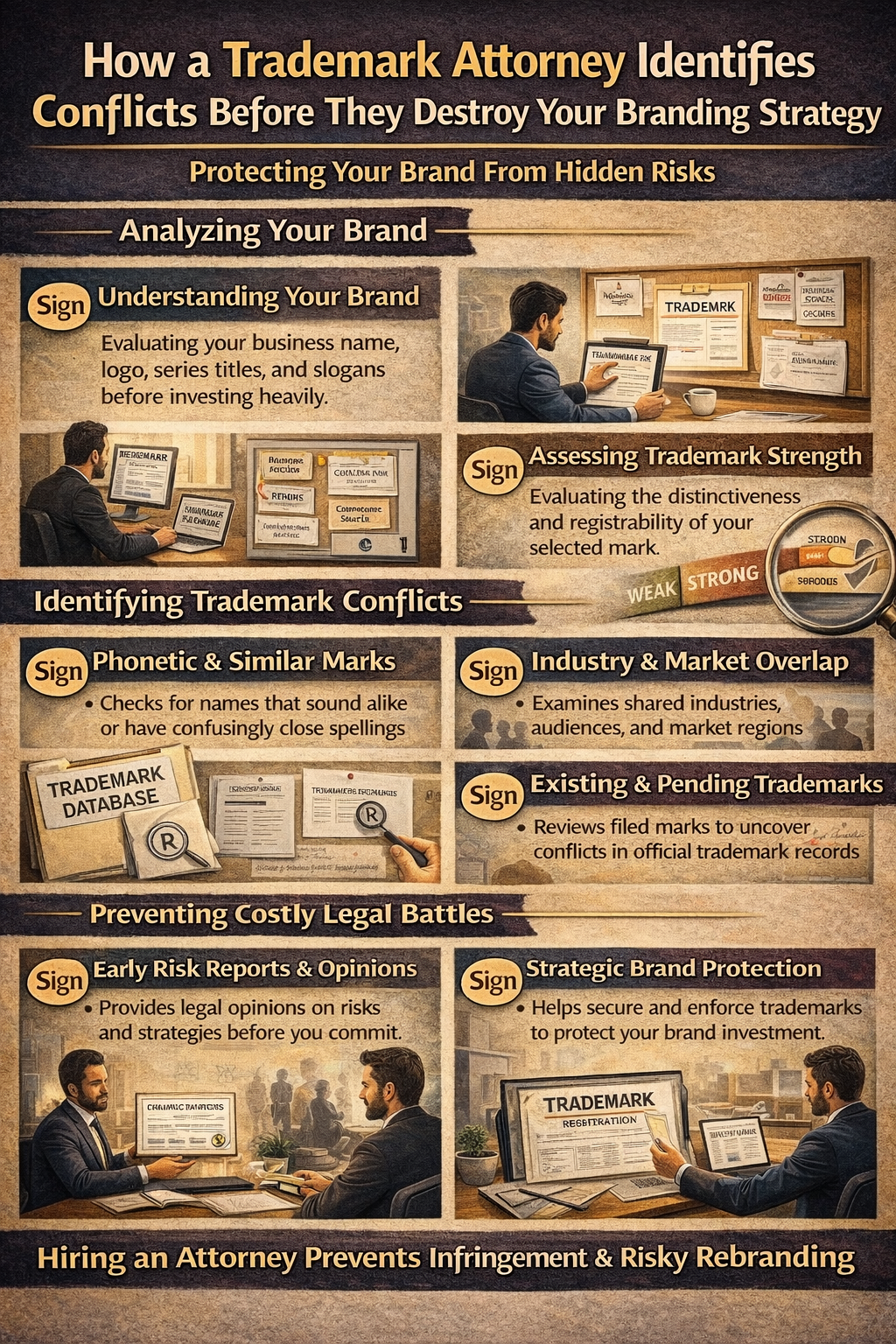 How a Trademark Attorney Identifies Conflicts Before They Destroy Your Branding Strategy.” The image shows a multi-section layout illustrating the trademark review process. Visual panels depict an attorney analyzing brand names, logos, and series titles; assessing trademark strength; reviewing phonetic and similar marks; examining industry and market overlap; and checking existing and pending trademarks in official databases. Additional sections show early risk assessments, strategic brand protection, and trademark registration, emphasizing how experienced trademark attorneys identify conflicts early to prevent infringement, costly legal disputes, and forced rebranding.