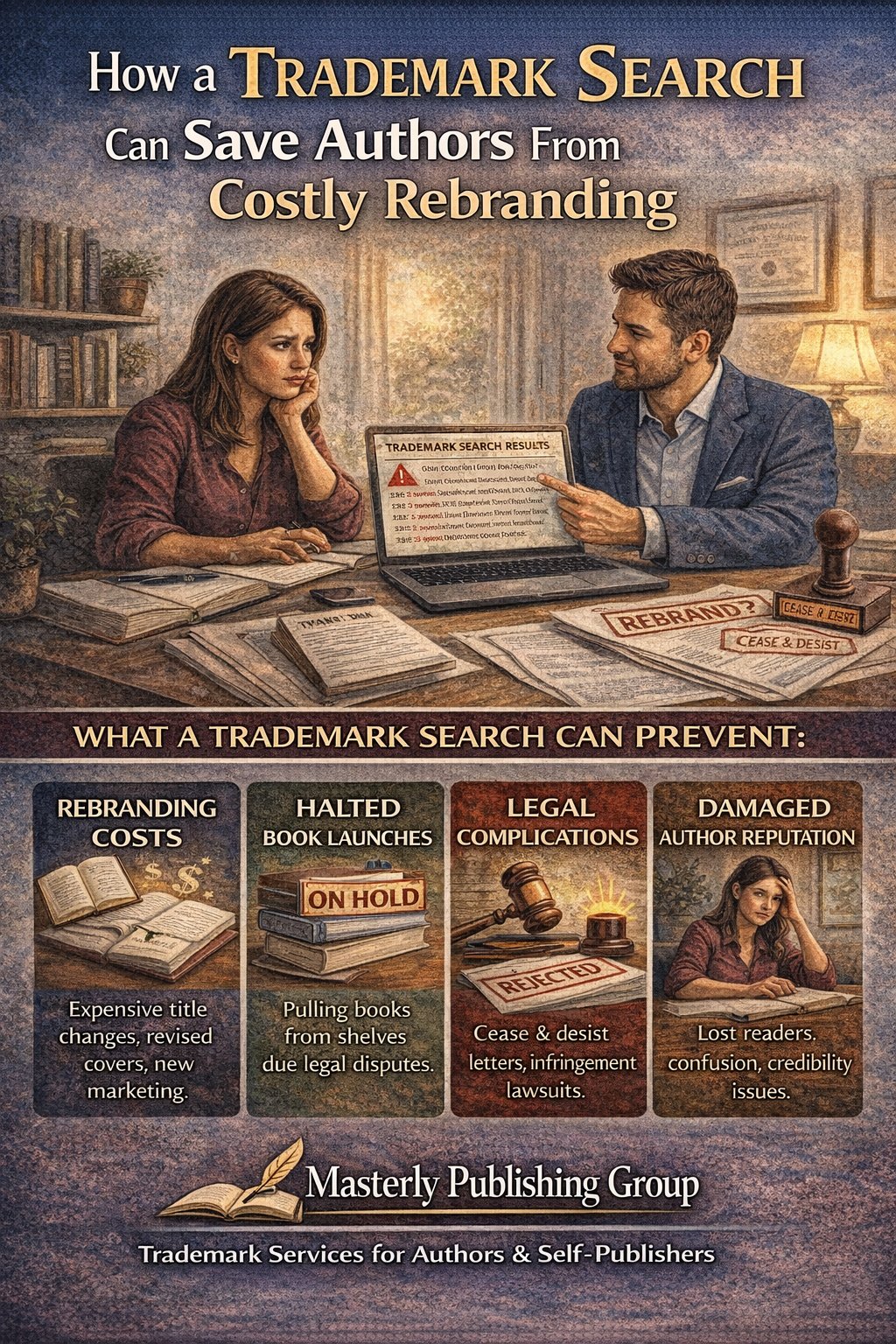 Author reviewing trademark search results with an attorney, illustrating how a trademark search can prevent costly rebranding, halted book launches, and legal disputes in publishing.