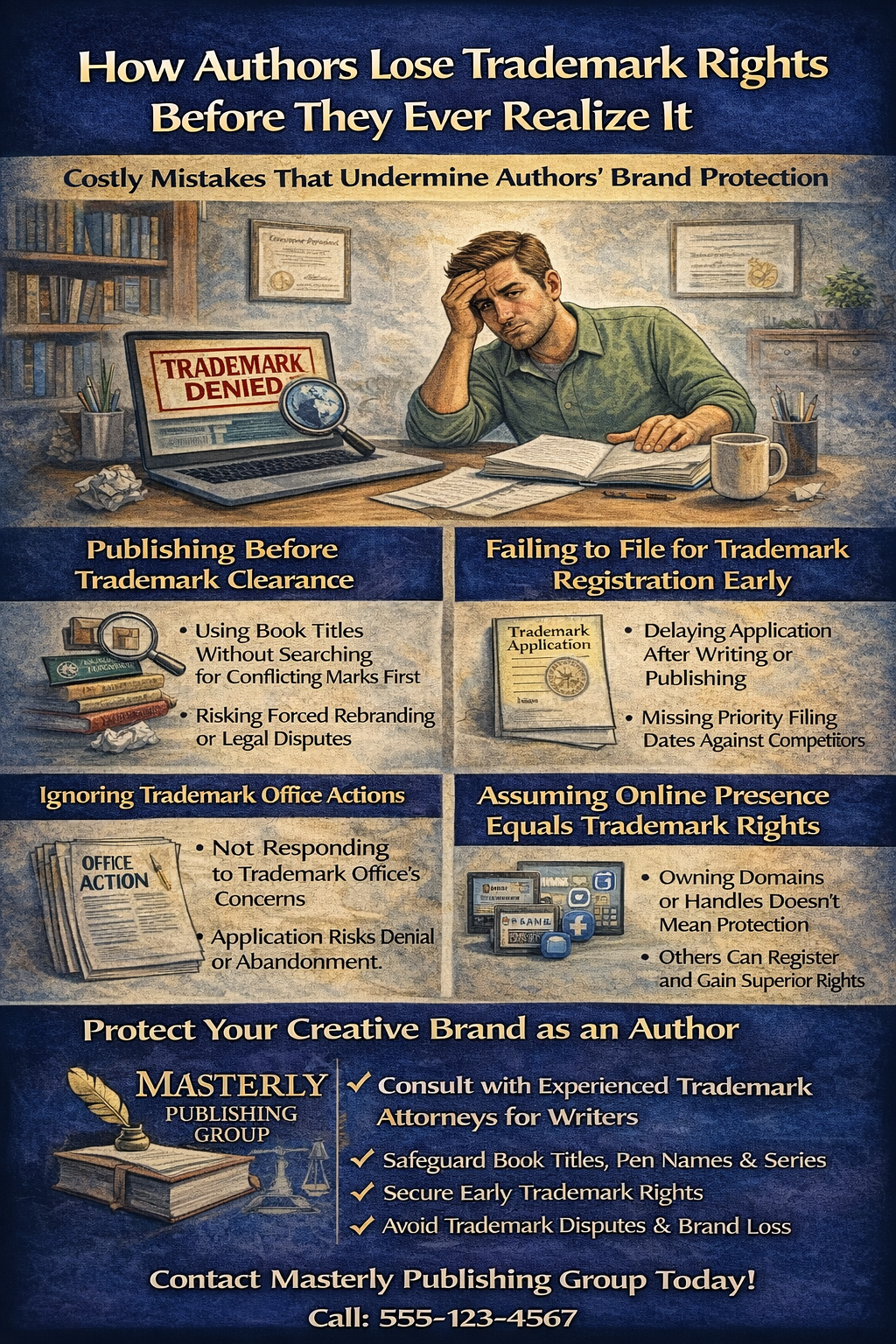 How Authors Lose Trademark Rights Before They Ever Realize It” by Masterly Publishing Group, showing a frustrated author reviewing documents marked “Trademark Denied.” The graphic highlights common mistakes such as publishing without trademark clearance, delaying trademark registration, ignoring USPTO office actions, and assuming domains or social media equal legal protection, emphasizing the importance of early trademark strategy to protect an author’s brand, titles, and pen names.