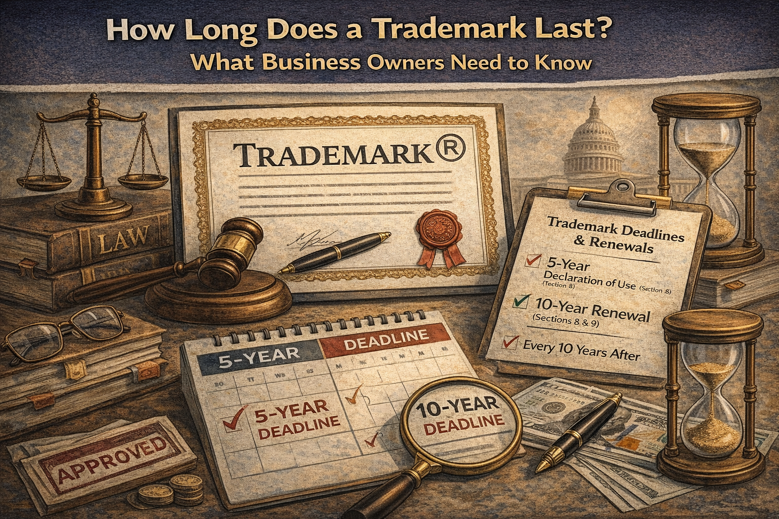 How Long Does a Trademark Last? What Business Owners Need to Know” showing a trademark certificate on a desk with legal symbols, a calendar highlighting 5-year and 10-year deadlines, a checklist of renewal requirements, and hourglasses beside the U.S. Capitol to emphasize ongoing trademark maintenance and renewals.