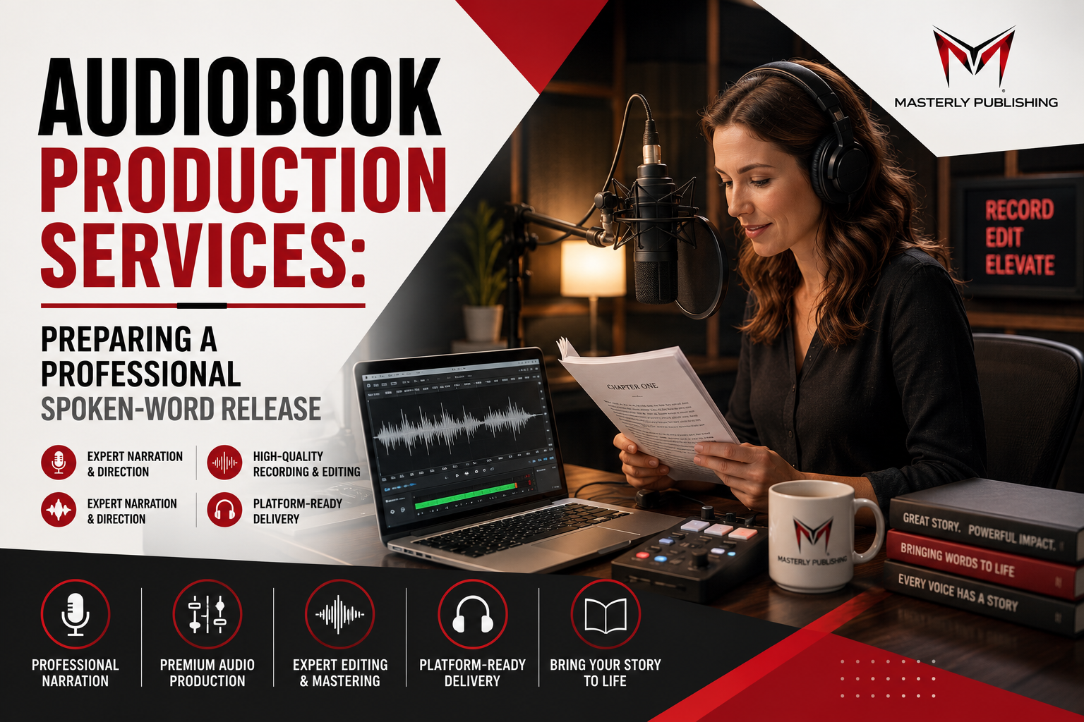 Professional audiobook production with narrator recording in a modern studio with microphone