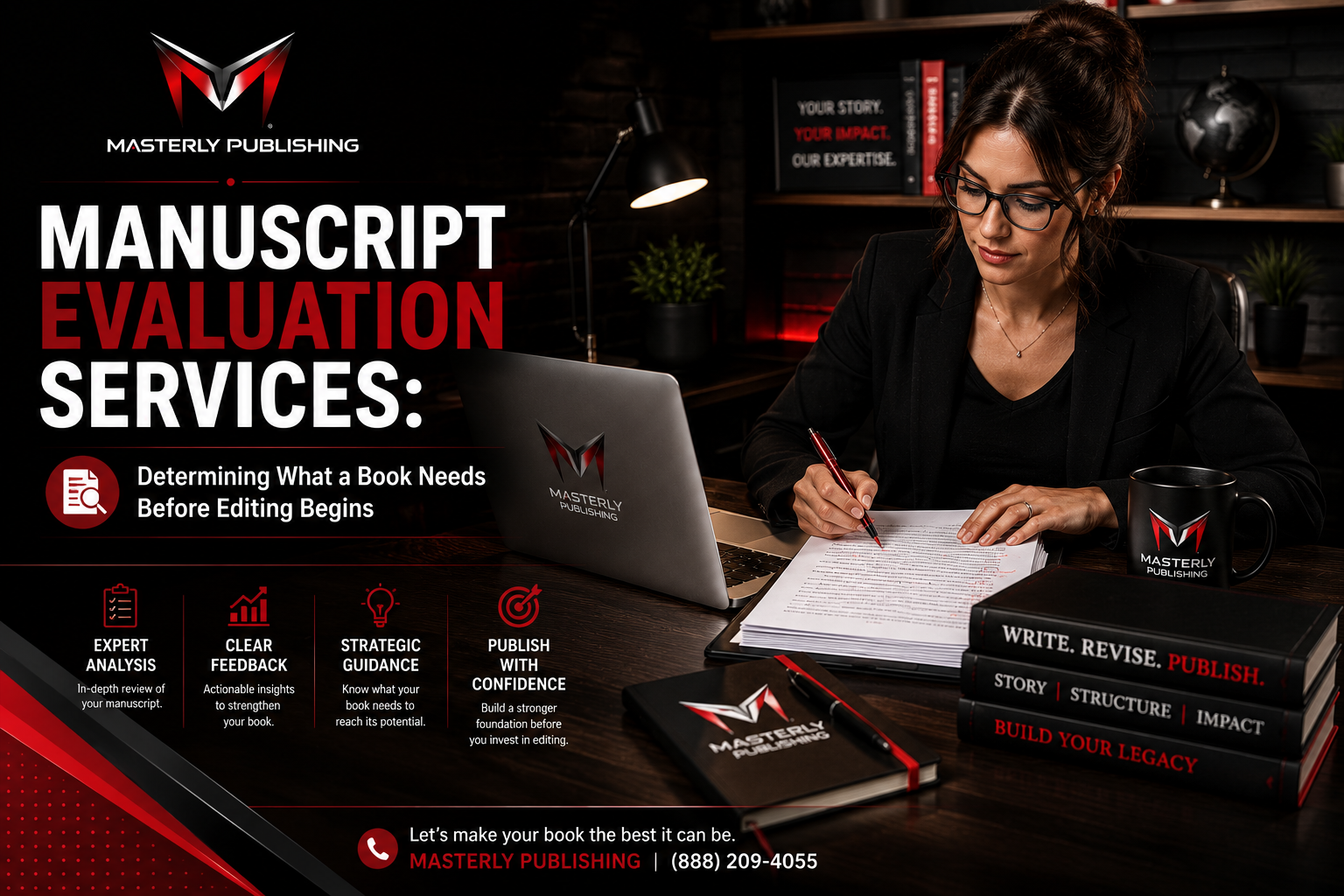 Professional manuscript evaluation editor reviewing a marked manuscript beside a laptop in a modern