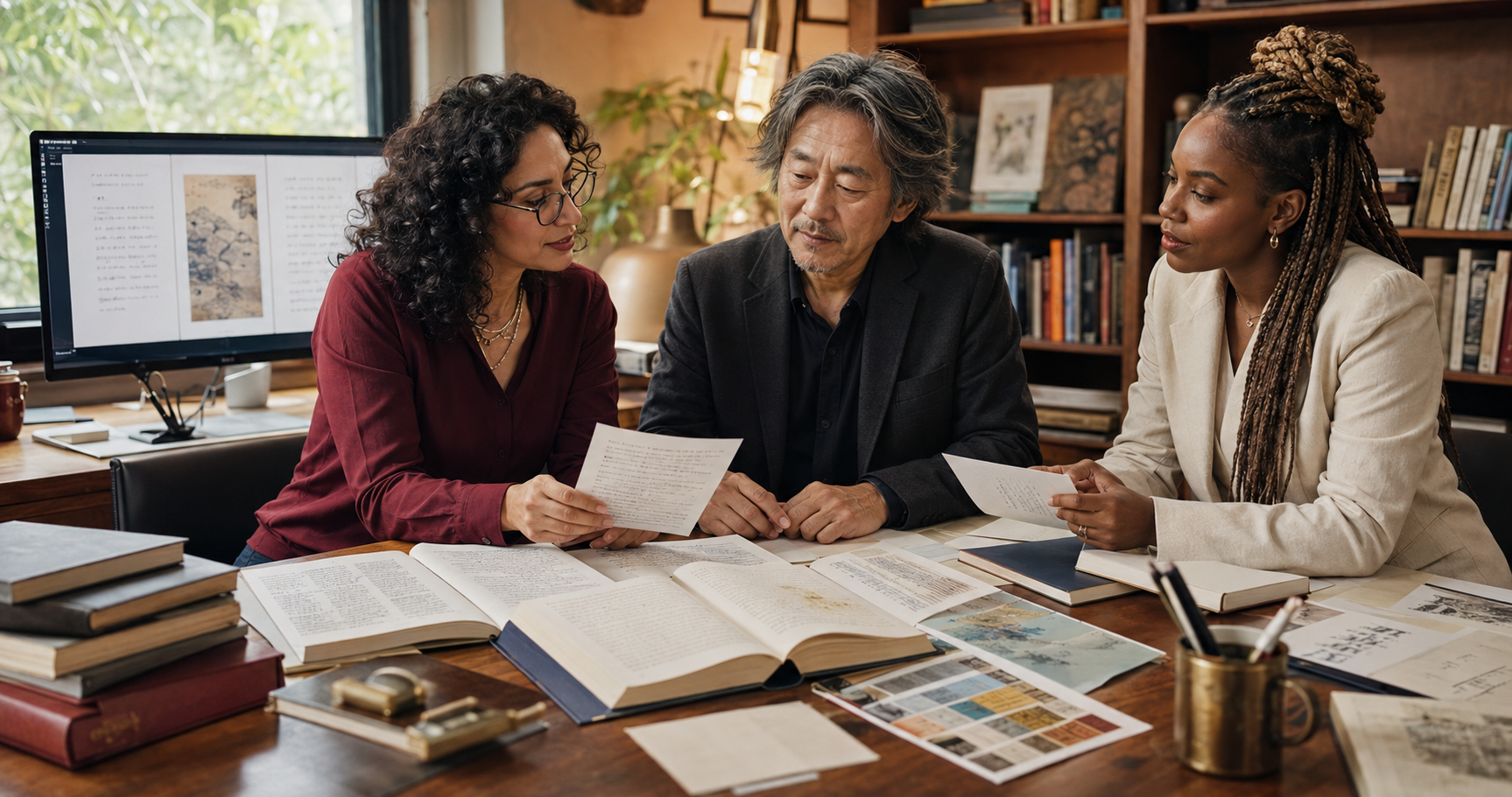 Author, translator, and publishing editor reviewing a multilingual manuscript for accurate translation, localization, and publication quality.
