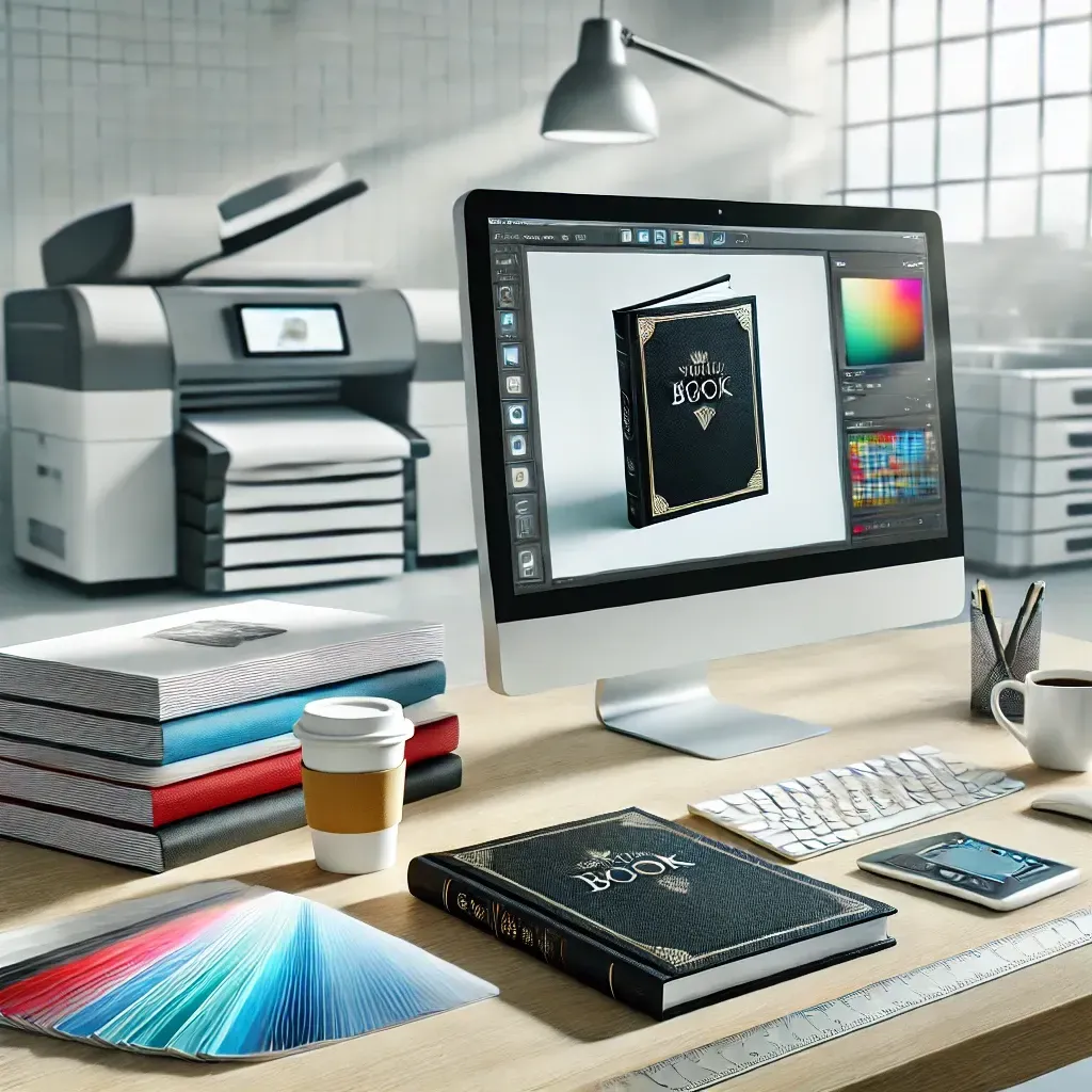 A professional workspace featuring a hardcover book with a glossy custom cover design displayed on a computer screen. The desk includes paper samples, a coffee cup, and a ruler, representing the precision and customization involved in custom book printing. In the background, a large printer is producing a high-quality hardcover book. Bright, clean lighting highlights the professional and creative environment for custom book publishing projects.