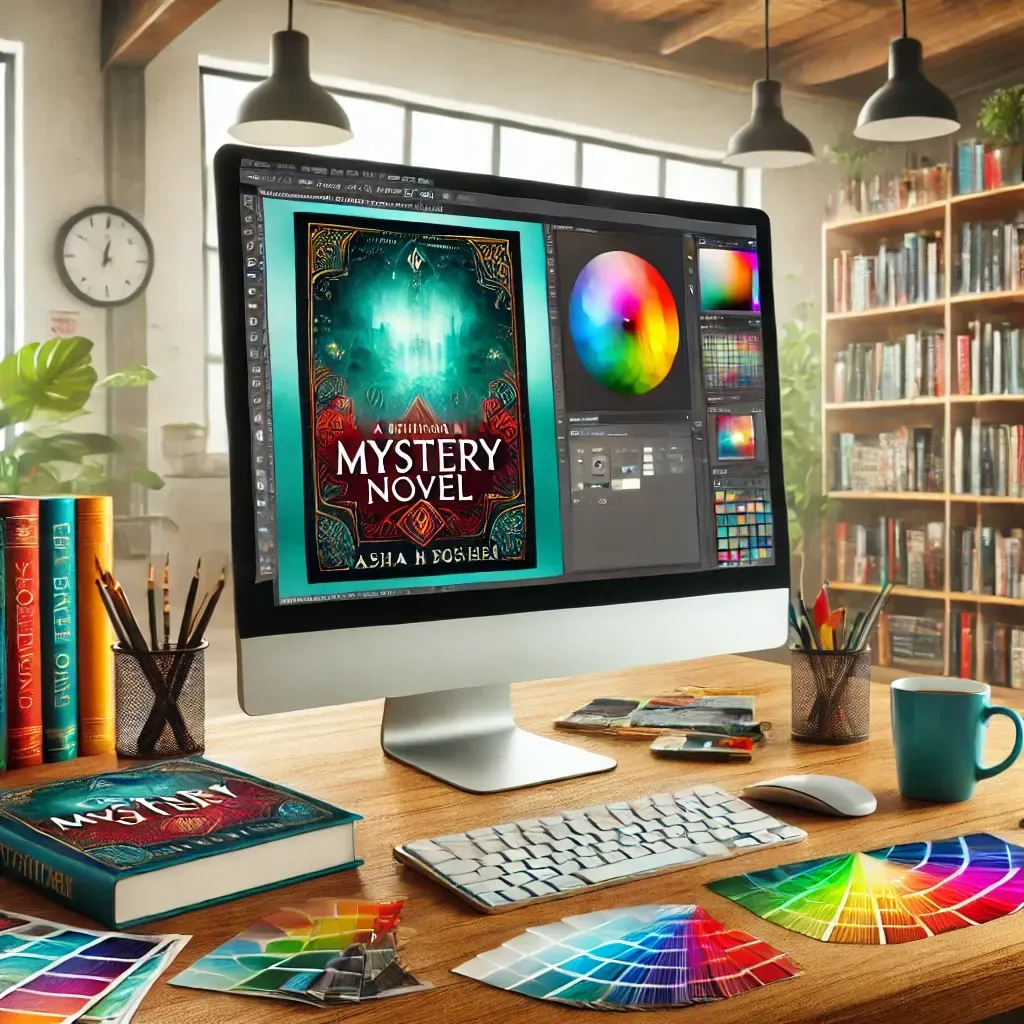 A modern design studio showcasing a desktop computer with book cover design software open, featuring a vibrant mystery novel cover in progress. The desk includes color swatches, a coffee cup, and sketches of book cover concepts, emphasizing the creative process. In the background, a bookshelf displays books from various genres with unique cover designs. Bright lighting enhances the professional and imaginative atmosphere, highlighting the impact of compelling book cover designs on reader engagement and sales.