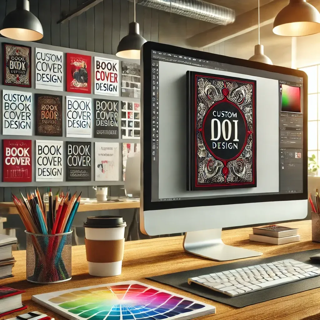 A modern design workspace showcasing a computer screen with custom book cover design software open, displaying a novel cover concept in progress. The desk is equipped with art supplies such as pencils, color swatches, and a coffee cup, symbolizing the creative process. In the background, a display board features a variety of book cover mock-ups, highlighting diverse styles and professional design options. Bright lighting creates an inspiring and professional atmosphere for book cover design.