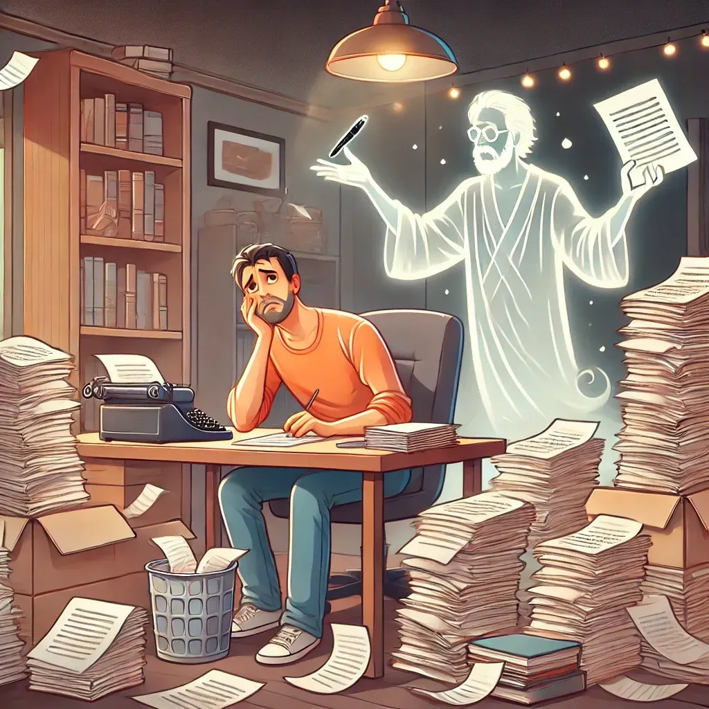 An author sits at a cluttered desk surrounded by stacks of papers and an overflowing wastebasket, looking frustrated while editing their manuscript. A ghostly figure symbolizing a professional editor gestures toward the manuscript with a glowing pen, offering guidance. The cozy home office features warm lighting, bookshelves, and a slightly chaotic atmosphere, emphasizing the challenges of self-editing.