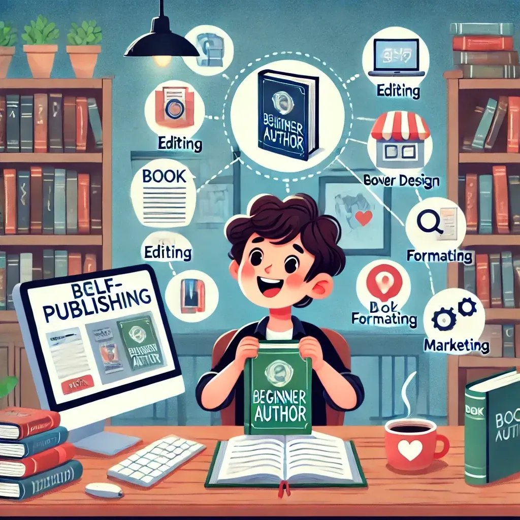 A beginner author sits at a desk, excitedly holding their newly published book while looking at a computer screen displaying a self-publishing platform. Surrounding them are icons symbolizing key steps of the self-publishing process, including book editing, cover design, formatting, and marketing. The background features bookshelves and a cozy writing nook, creating a warm and inspiring atmosphere that highlights the journey of independent publishing.
