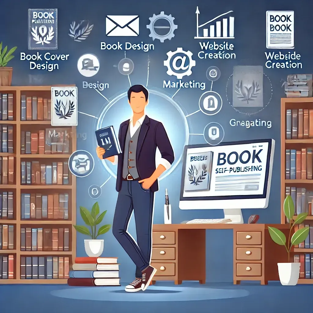 A self-published author stands confidently in front of a bookshelf filled with their own books, holding a copy of their latest work. In the background, a computer screen displays a self-publishing platform and a personal website showcasing their brand. Floating icons around the author represent key branding elements, including book cover design, marketing, website creation, and social media engagement. The scene exudes professionalism and creativity, symbolizing the power of building a personal brand as an independent author.