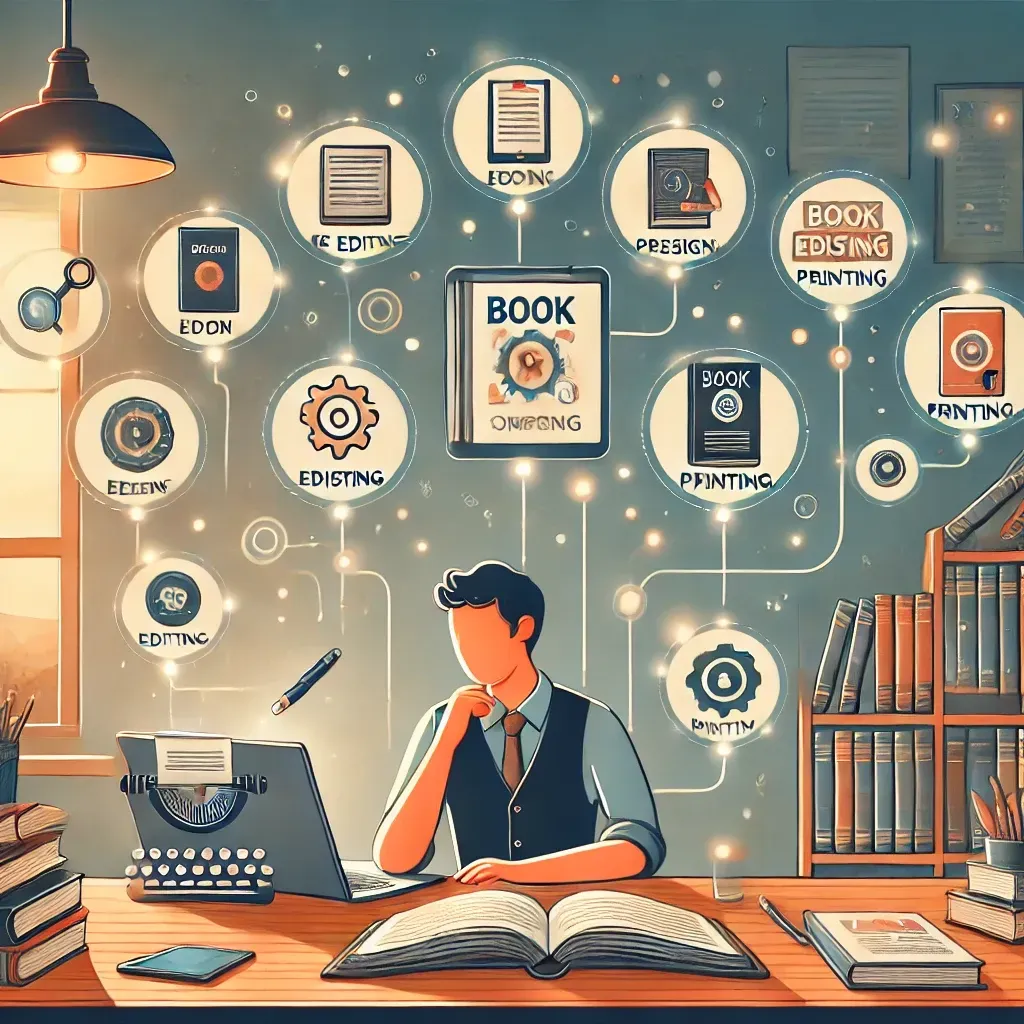 An author sits at a desk, comparing different self-publishing companies on a laptop screen. Beside them is a stack of books, and floating icons around them represent key self-publishing elements such as book editing, cover design, printing, and marketing. The workspace is creative and well-lit, with a bookshelf in the background, symbolizing the journey of selecting the right self-publishing company.