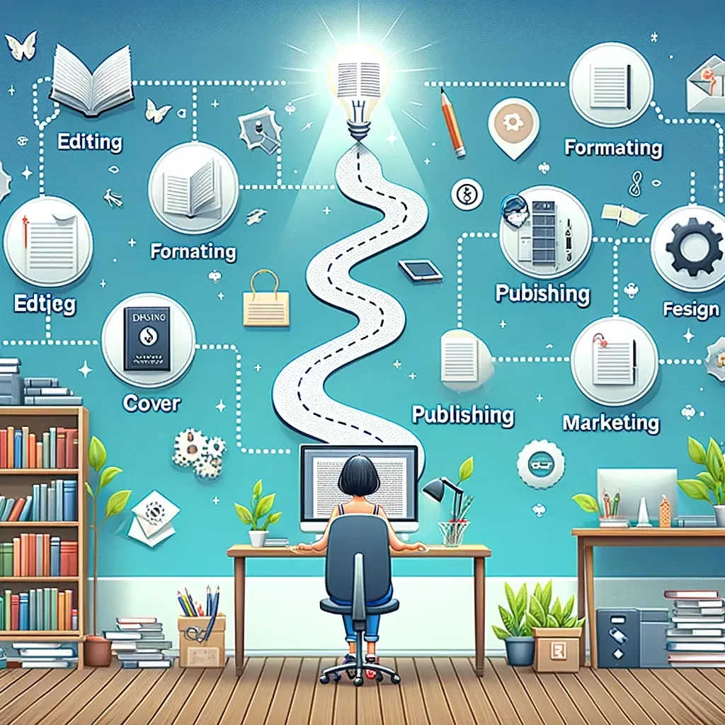 An author stands at the beginning of a self-publishing roadmap, holding their manuscript while looking at key milestones like editing, formatting, cover design, publishing, and marketing. Floating icons represent each stage of the publishing journey. The scene is bright and motivational, with bookshelves and a creative workspace in the background, symbolizing the journey from draft to published book.