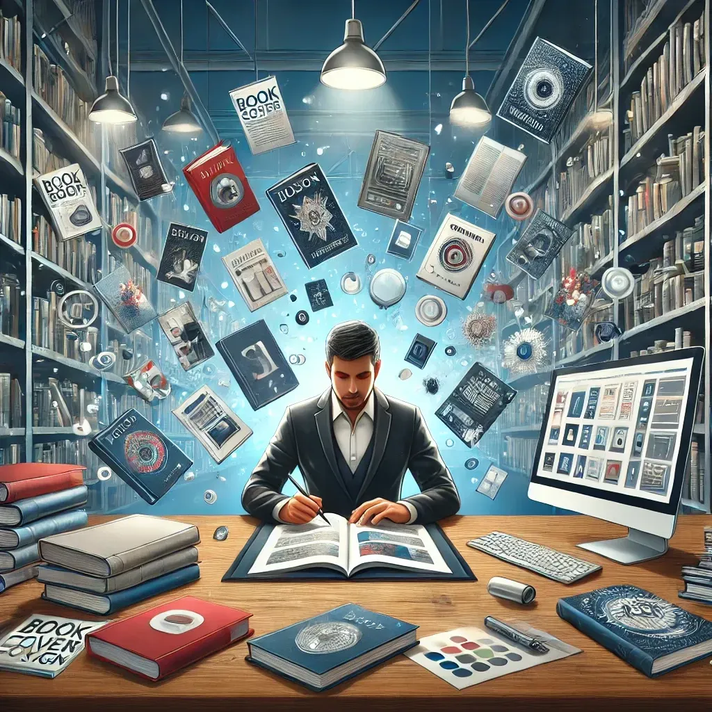A professional book cover designer sits at a desk, using a digital tablet to create a book cover, while a large screen displays different cover design variations. Floating book covers representing fiction and non-fiction genres surround the designer. The background features bookshelves filled with published books, symbolizing the impact of professional design in both traditional and self-publishing. The scene is modern, creative, and well-lit, emphasizing the importance of high-quality book cover design.