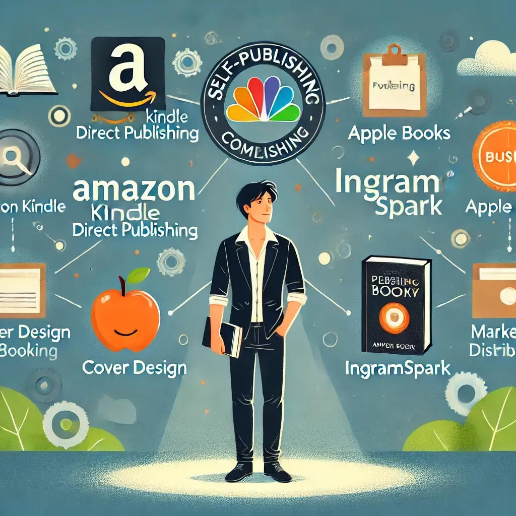 An author stands confidently in front of multiple self-publishing company logos, including Amazon Kindle Direct Publishing, Apple Books, and IngramSpark, holding a published book as a symbol of self-publishing success. Floating icons around them represent essential publishing elements like cover design, editing, marketing, and distribution. The background features a bright and professional setting, emphasizing the journey of choosing the best self-publishing company.