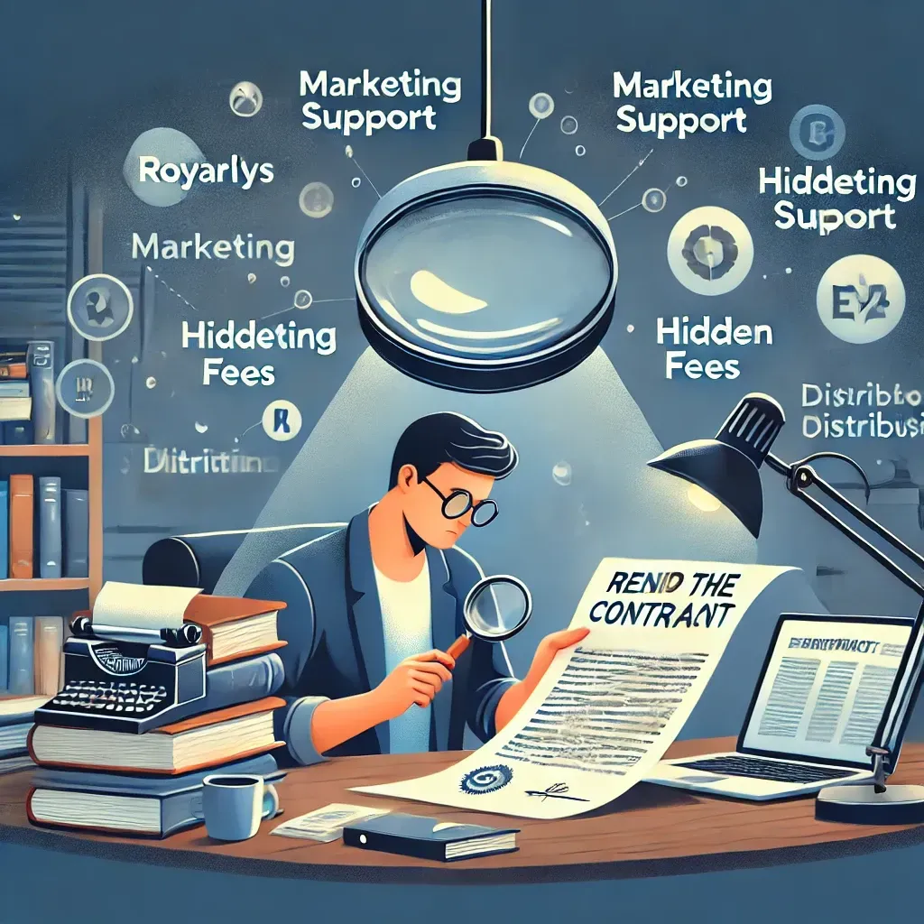 A self-published author carefully reviews a contract with a magnifying glass, symbolizing the importance of reading the fine print before selecting a publishing company. The author is seated at a desk with stacks of books and a laptop displaying different self-publishing platforms. Floating icons around them highlight key considerations such as royalties, marketing support, hidden fees, and distribution. The background features a well-lit, professional workspace, emphasizing the importance of making an informed publishing decision.