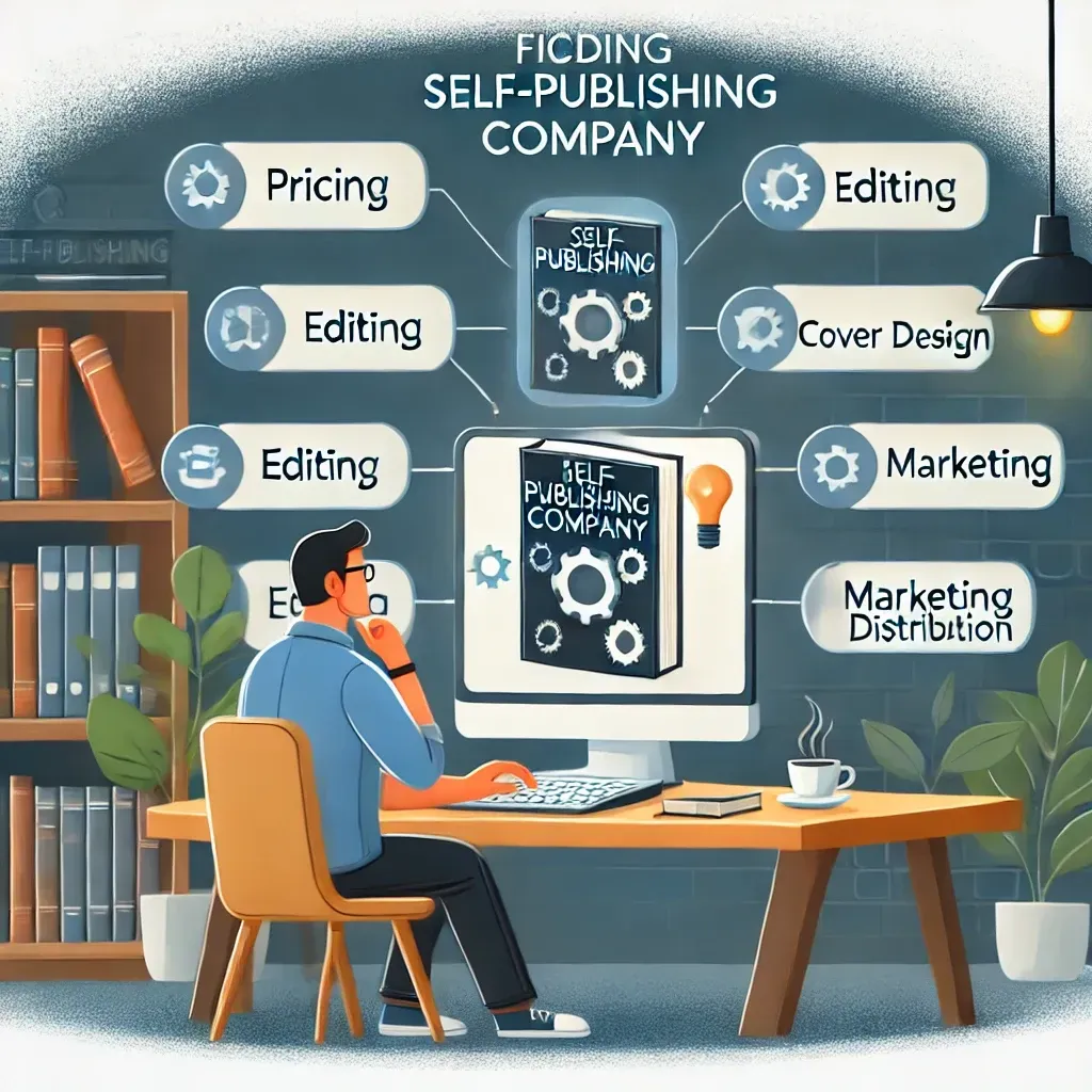 An author sits at a desk with books and a coffee cup, carefully reviewing different self-publishing company options displayed on a large screen. Floating icons around them represent key factors such as pricing, editing, cover design, marketing, and distribution. The background features bookshelves and a creative workspace, symbolizing the journey of selecting the best self-publishing company.