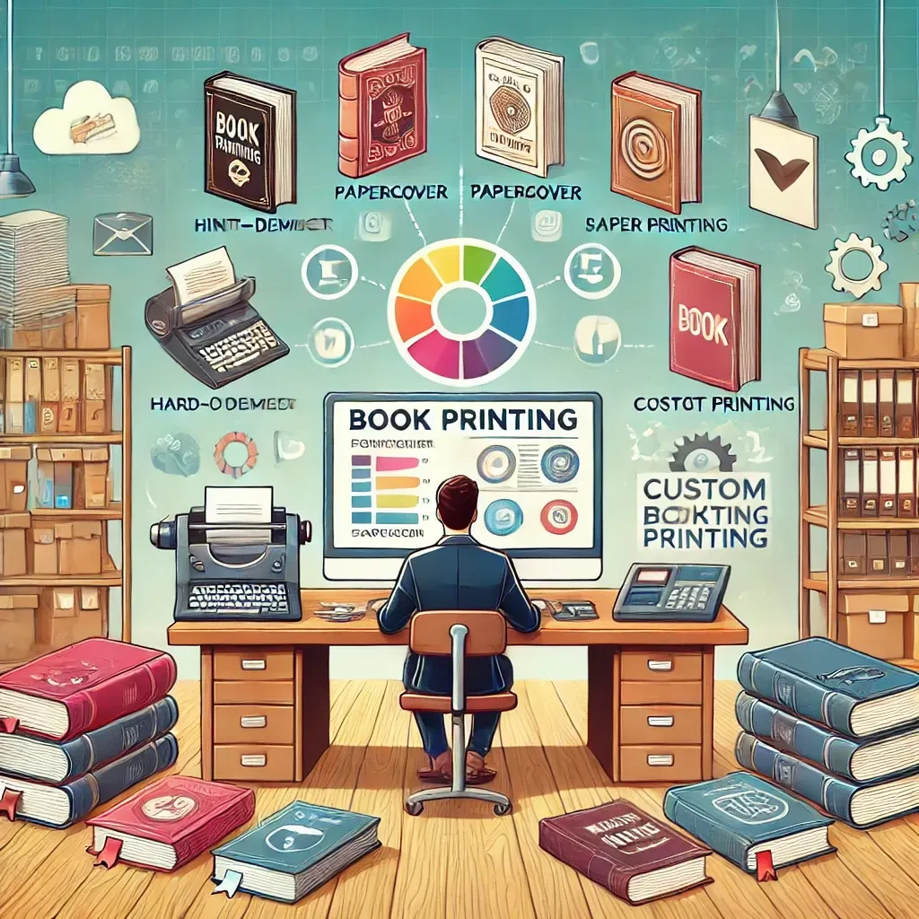 An author sits at a desk reviewing different book printing options, surrounded by samples of hardcover, paperback, and spiral-bound books. A large screen in front of them displays a comparison chart of printing methods, including print-on-demand, offset printing, and custom book printing. Floating icons around the author highlight key factors such as paper quality, binding options, and color printing. The background features a well-lit, professional workspace with bookshelves and printing materials, symbolizing the journey of selecting the best printing option.