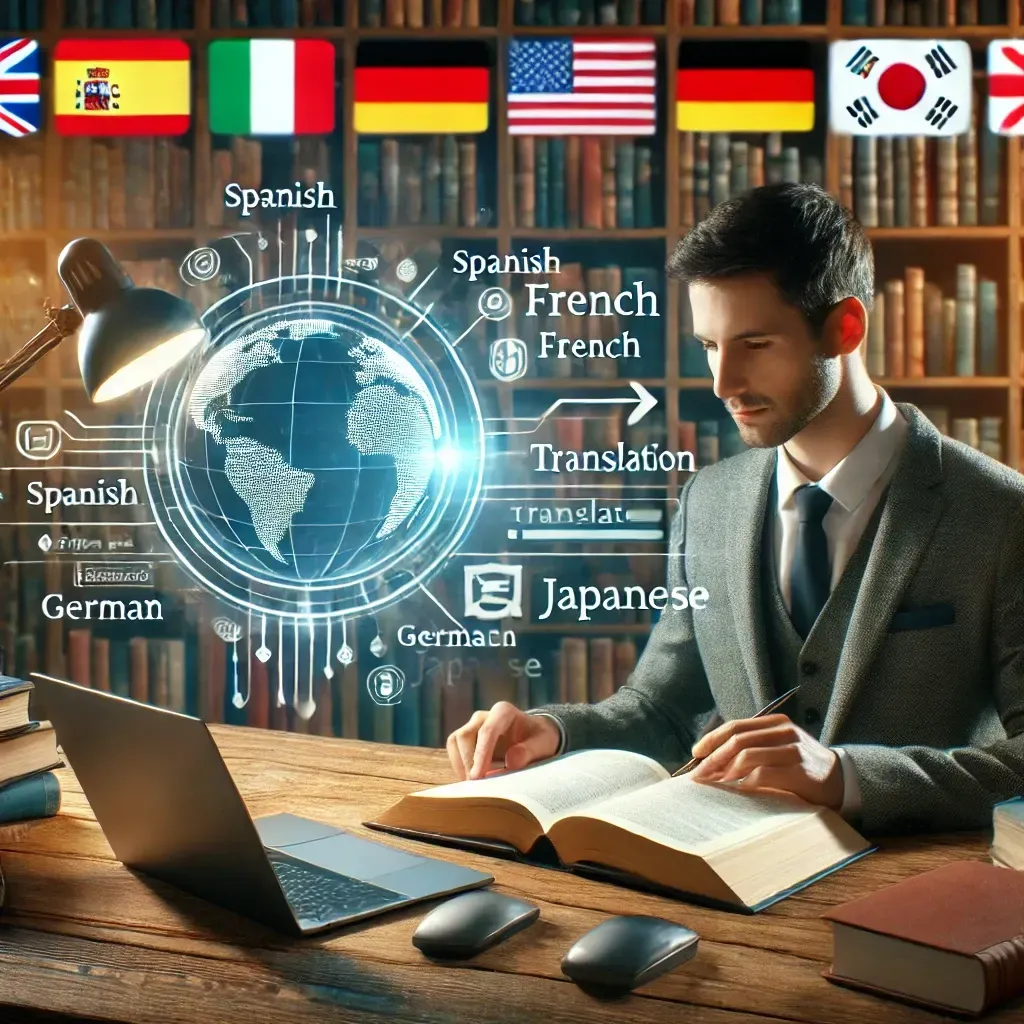 A professional book translator working on a manuscript with a laptop, open book, and international flags, symbolizing book translation services expanding readership to a global market.