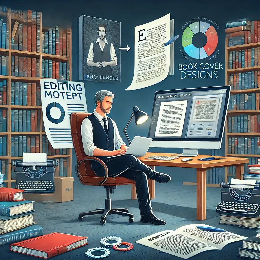 A professional author sitting at a desk with a finished manuscript, surrounded by editing notes, book cover designs, and a laptop displaying a publishing dashboard. Shelves filled with published books in the background symbolize the journey from writing to publishing.