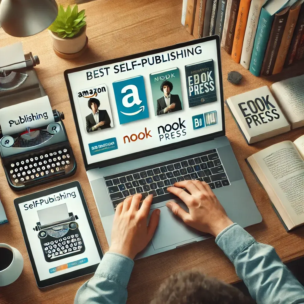 A self-published author sitting at a desk, comparing different self-publishing platforms on a laptop screen. The scene includes books, editing notes, and a tablet displaying ebook publishing options, symbolizing the process of choosing the best self-publishing company.