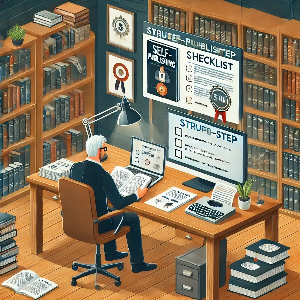 A self-published author sitting at a well-organized desk, reviewing a structured step-by-step guide to self-publishing. The desk features a laptop displaying a publishing dashboard, a printed checklist, and a book manuscript, symbolizing strategic planning for maximizing self-publishing success.