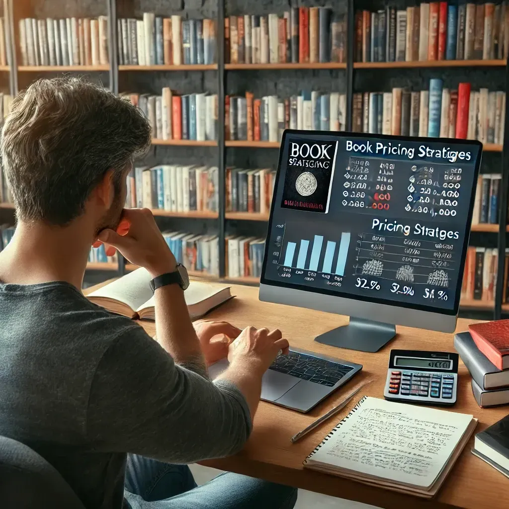 A self-published author sitting at a desk, reviewing book pricing strategies on a laptop. The screen displays a pricing comparison chart with different pricing models. A notepad with handwritten pricing strategies, a book manuscript, and a calculator are on the desk, symbolizing thoughtful decision-making on book pricing for maximum sales.