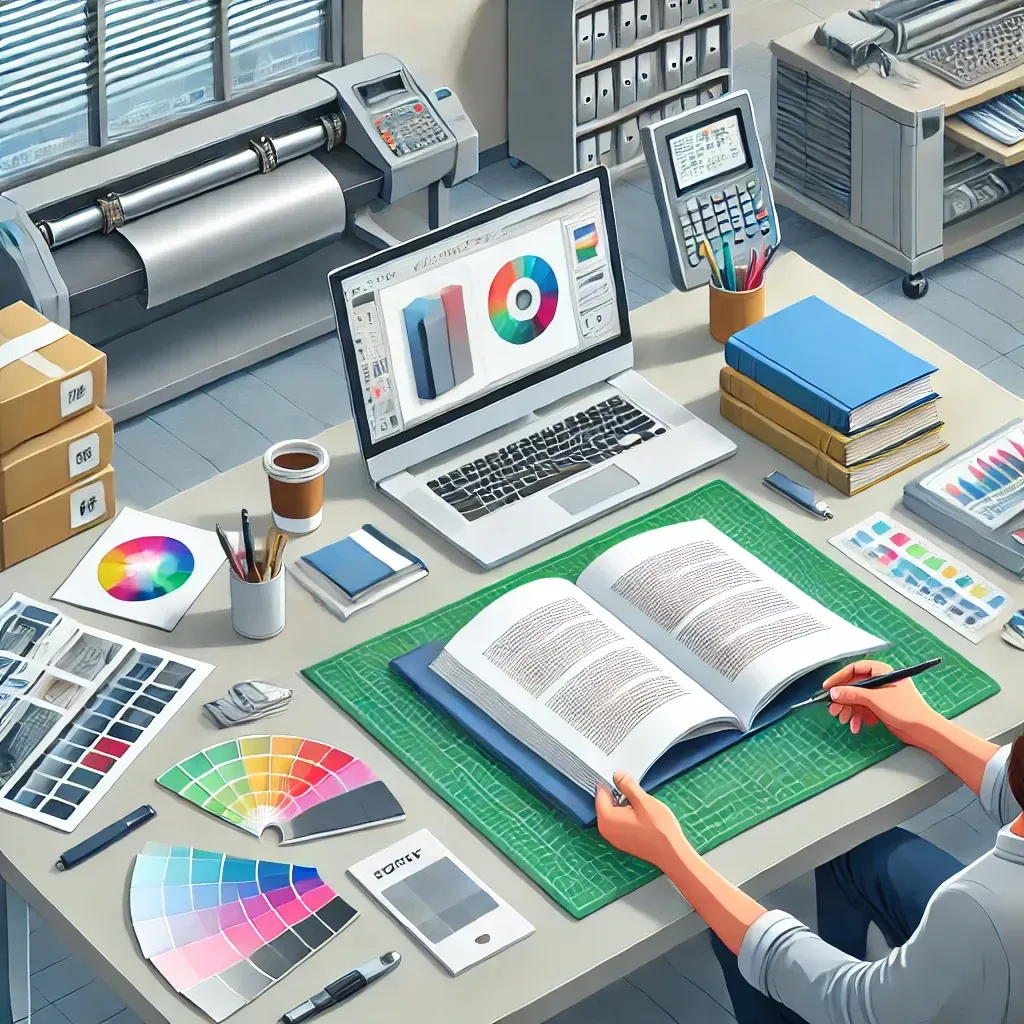 A self-published author reviewing a custom book printing proof at a professional workspace. The desk includes a printed book sample, color swatches, paper options, and a laptop displaying a book design layout. In the background, printing equipment and bookbinding tools symbolize the custom book printing process.
