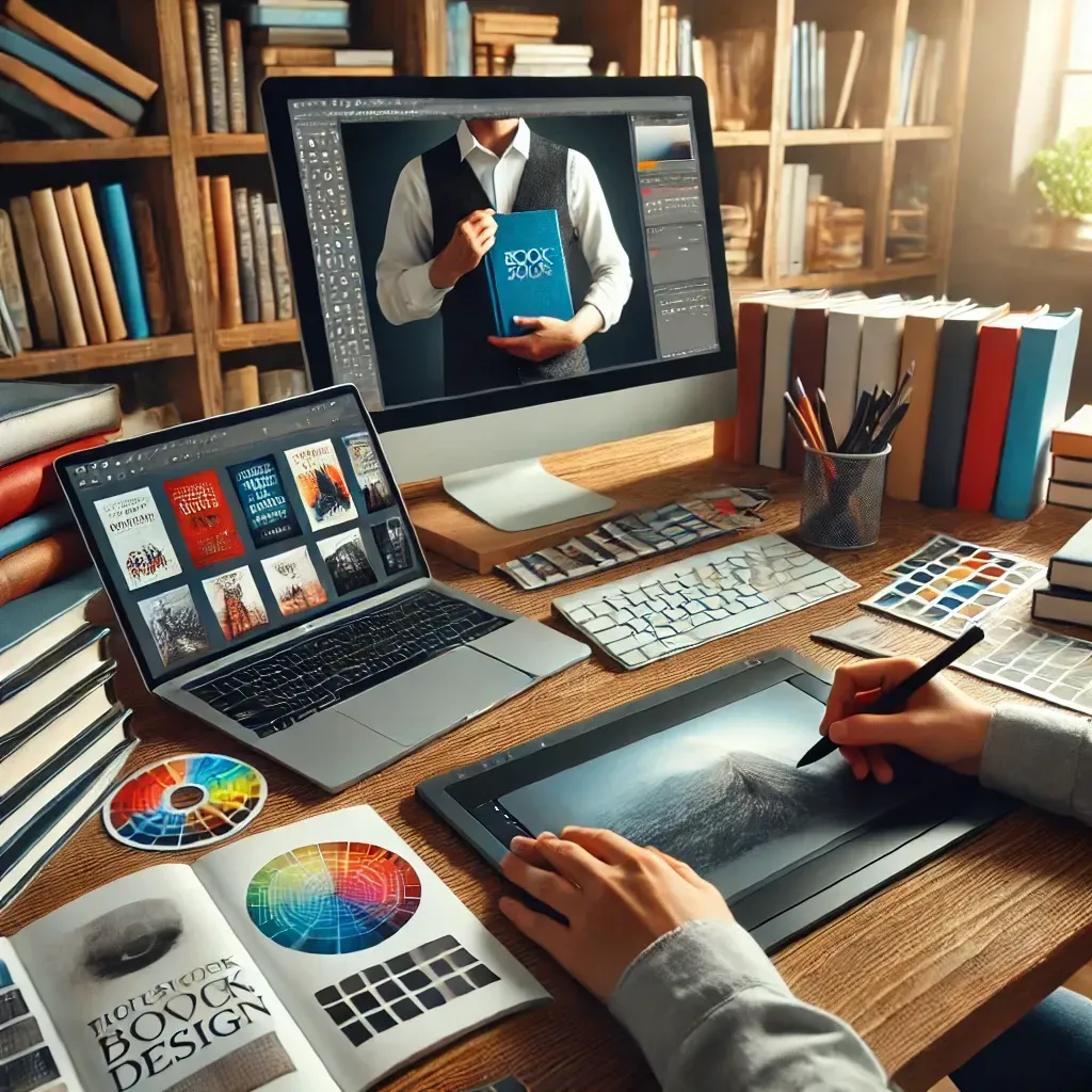 A professional book cover designer working on a digital tablet, creating a stunning book cover concept. The workspace includes a laptop displaying book cover design software, printed book cover samples, and color swatches. Bookshelves filled with bestselling books in the background highlight the impact of professional book cover design on sales.