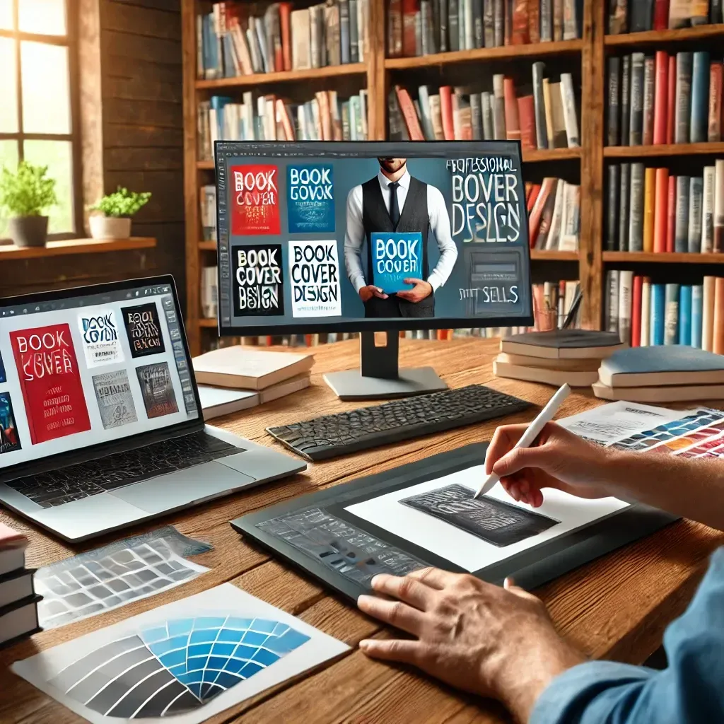 A professional book cover artist sketching and designing a book cover concept on a digital tablet. The workspace includes a laptop displaying book cover design software, printed book cover samples, and color swatches. A bookshelf in the background showcases various bestselling books, emphasizing the importance of professional book cover design.