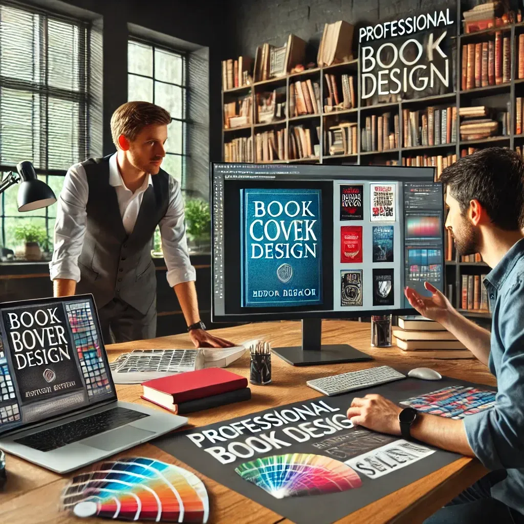 A professional book cover designer collaborating with an author in a modern studio. The designer is showcasing different book cover design concepts on a large screen, while the author reviews printed samples. The workspace includes a laptop displaying book cover editing software, color swatches, and typography guides. Bookshelves filled with bestselling books in the background emphasize the impact of professional book cover design on sales.