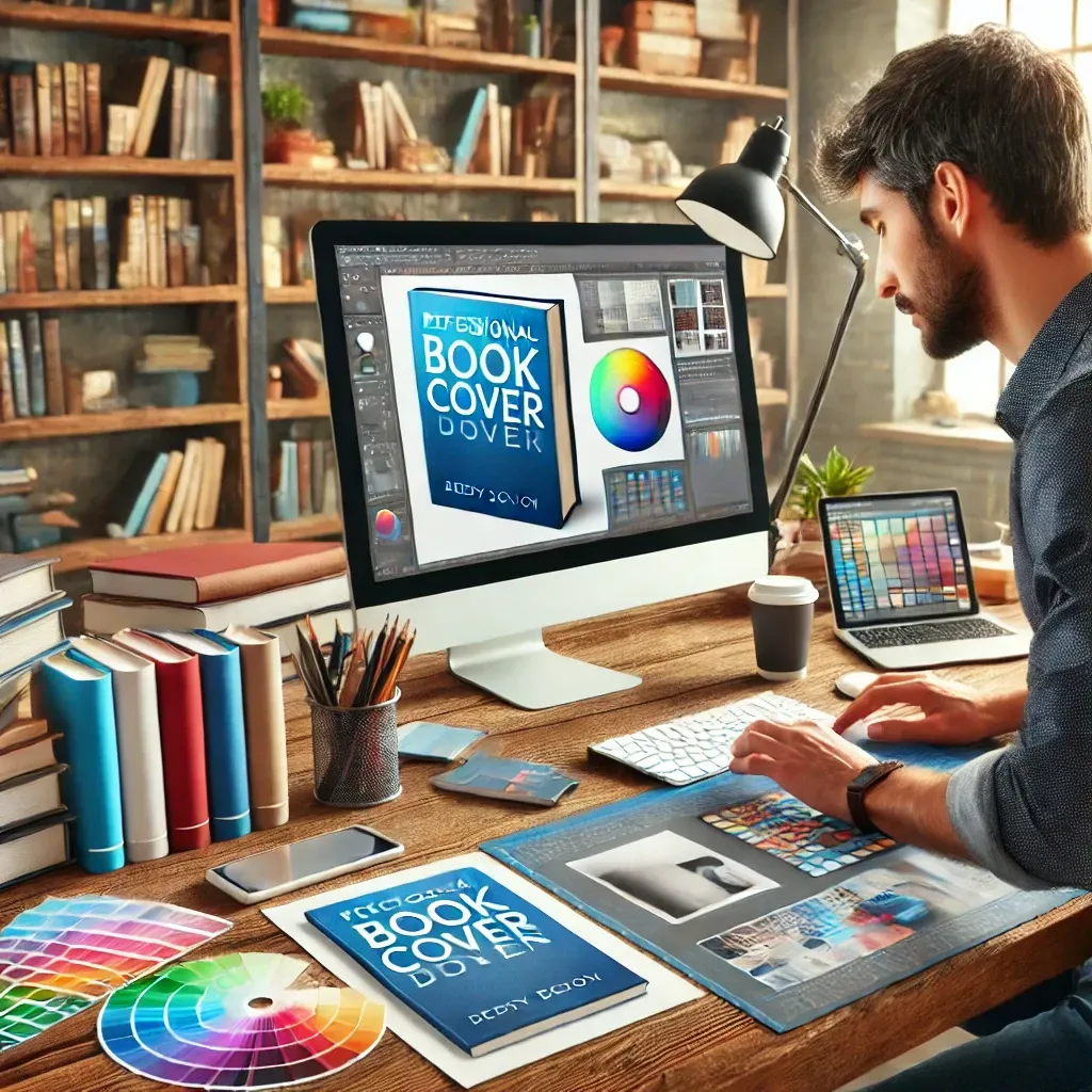 A professional book cover designer working on a computer, finalizing a visually compelling book cover. The workspace includes a printed book proof, color palettes, typography samples, and a digital tablet displaying different book cover concepts. A shelf filled with bestselling books in the background highlights the importance of professional book cover design in driving sales.