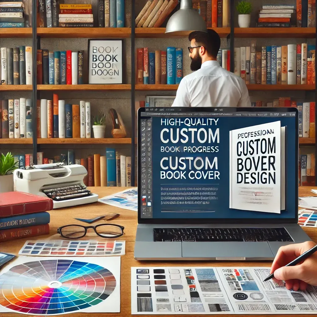 A professional book cover designer working on a high-quality custom book cover. The workspace features a laptop displaying a book cover design in progress, a printed book proof, color palettes, and typography samples. A shelf filled with bestselling books in the background highlights the importance of professional book cover design for success.