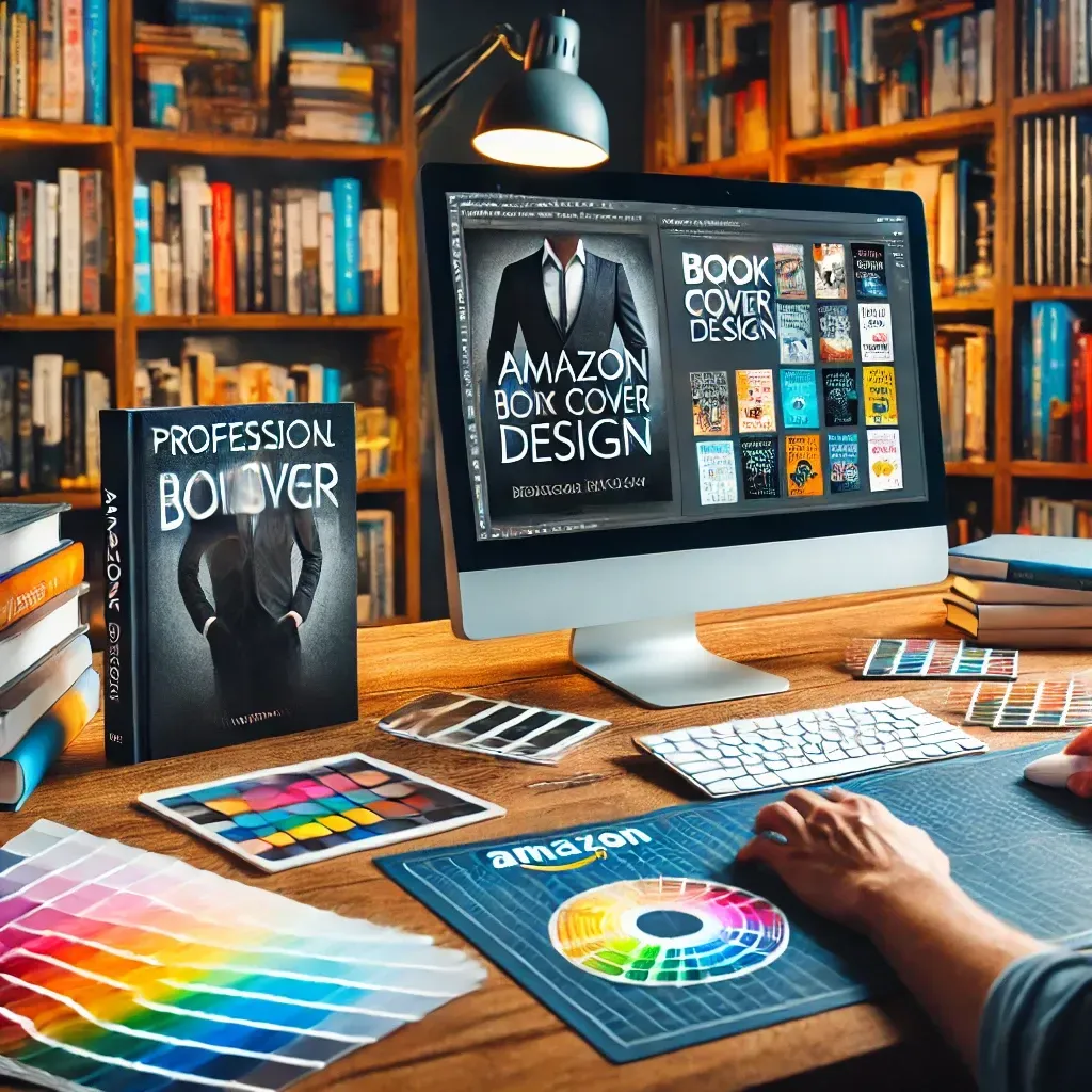 A professional book cover designer working on an Amazon book cover design on a computer screen. The workspace includes a printed book proof, color swatches, typography samples, and a digital tablet displaying eBook and print format previews. Bookshelves filled with successful Amazon-published books in the background highlight the importance of professional book cover design for maximizing visibility.
