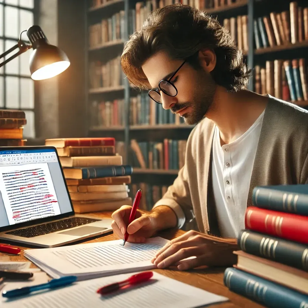 A professional book editor sits at a desk in a well-lit office, attentively marking edits on a printed manuscript with a red pen. The editor, wearing glasses, is focused, with a laptop open beside them displaying a document with tracked changes. Bookshelves filled with various literary works and editing notes surround the workspace, emphasizing professionalism and attention to detail.