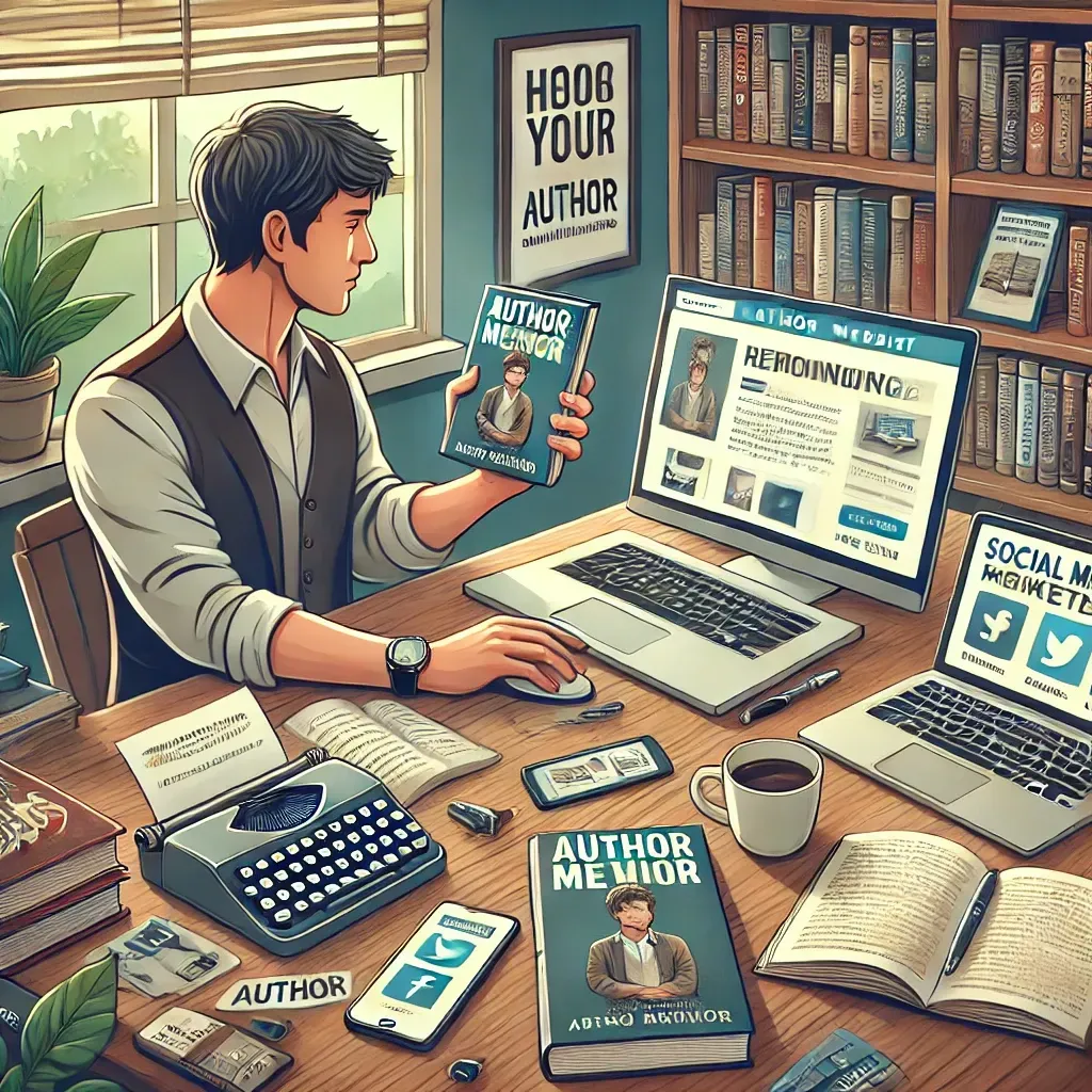 A self-published author sits at a desk, surrounded by marketing materials, a laptop displaying their author website, and a professionally designed book cover in hand. They are checking social media posts on their phone, with a neatly organized workspace featuring notes, a coffee cup, and a promotional flyer for their book. In the background, bookshelves filled with self-published books and a framed inspirational quote about writing enhance the scene, emphasizing productivity, branding, and digital marketing.