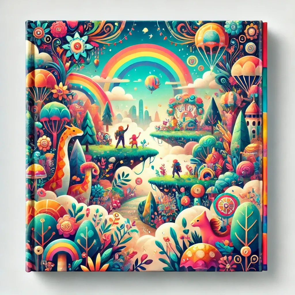 A vibrant and playful children's book cover illustration featuring a colorful fantasy scene with whimsical characters, bright colors, and engaging elements. The title is displayed in large, playful typography, and the background showcases an adventurous landscape, such as a magical forest or a dreamy sky. The design is tailored to capture a child's imagination and appeal to young readers and their parents.