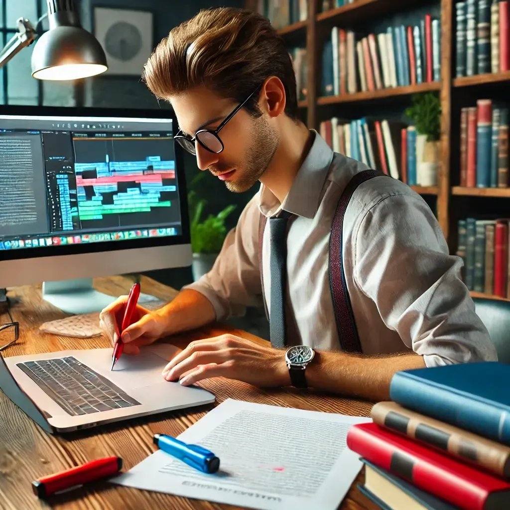 A professional book editor sits at a desk, carefully reviewing a manuscript with a red pen. Surrounding them are editing notes, a laptop displaying a document with tracked changes, and a bookshelf filled with books. The editor, wearing glasses, is focused, conveying precision, attention to detail, and the importance of professional book editing.
