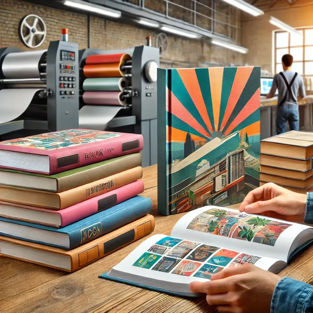 A high-quality printed book is displayed on a wooden table, with hardcover and paperback editions stacked beside it. The book cover features vibrant colors and crisp typography, emphasizing professional design. Nearby, a person flips through the pages, showcasing premium paper quality and clear print. In the background, a print shop with bookbinding equipment and stacks of freshly printed books highlights the professional book printing process.