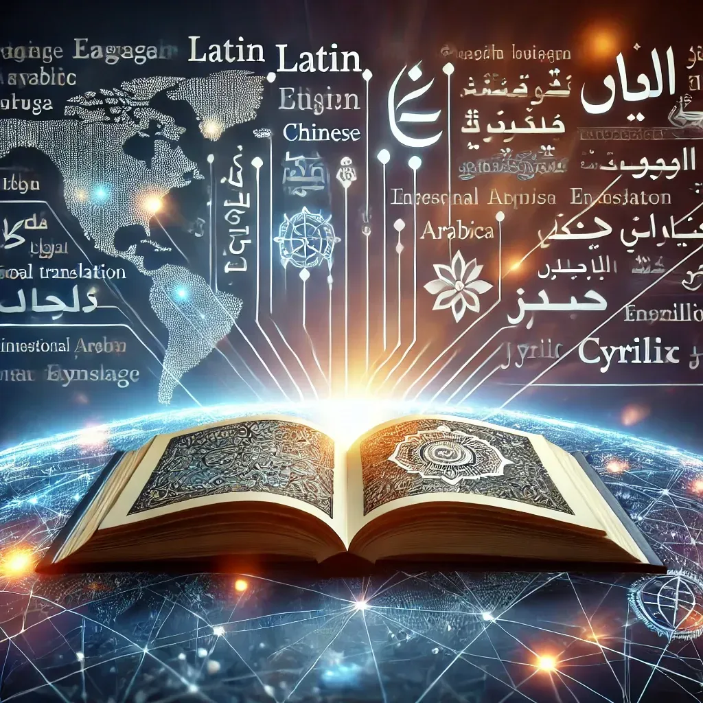 A visually engaging digital illustration of an open book with pages transforming into different languages, featuring text in Latin, Chinese, Arabic, and Cyrillic scripts. The background showcases a glowing world map with interconnected lines symbolizing global reach and international readership expansion through professional book translation services.
