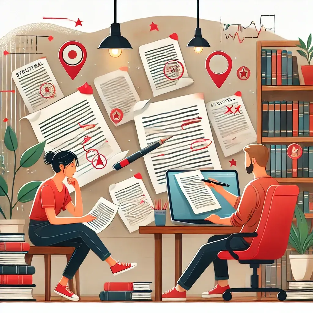An illustration of an author working on a manuscript while a professional editor reviews notes and makes structural edits. Floating pages with annotations, red marks, and structural diagrams surround them, symbolizing the developmental editing process. The setting is a cozy writing space with bookshelves and a laptop displaying a manuscript draft, highlighting the collaborative and essential role of developmental editing in the publishing journey.