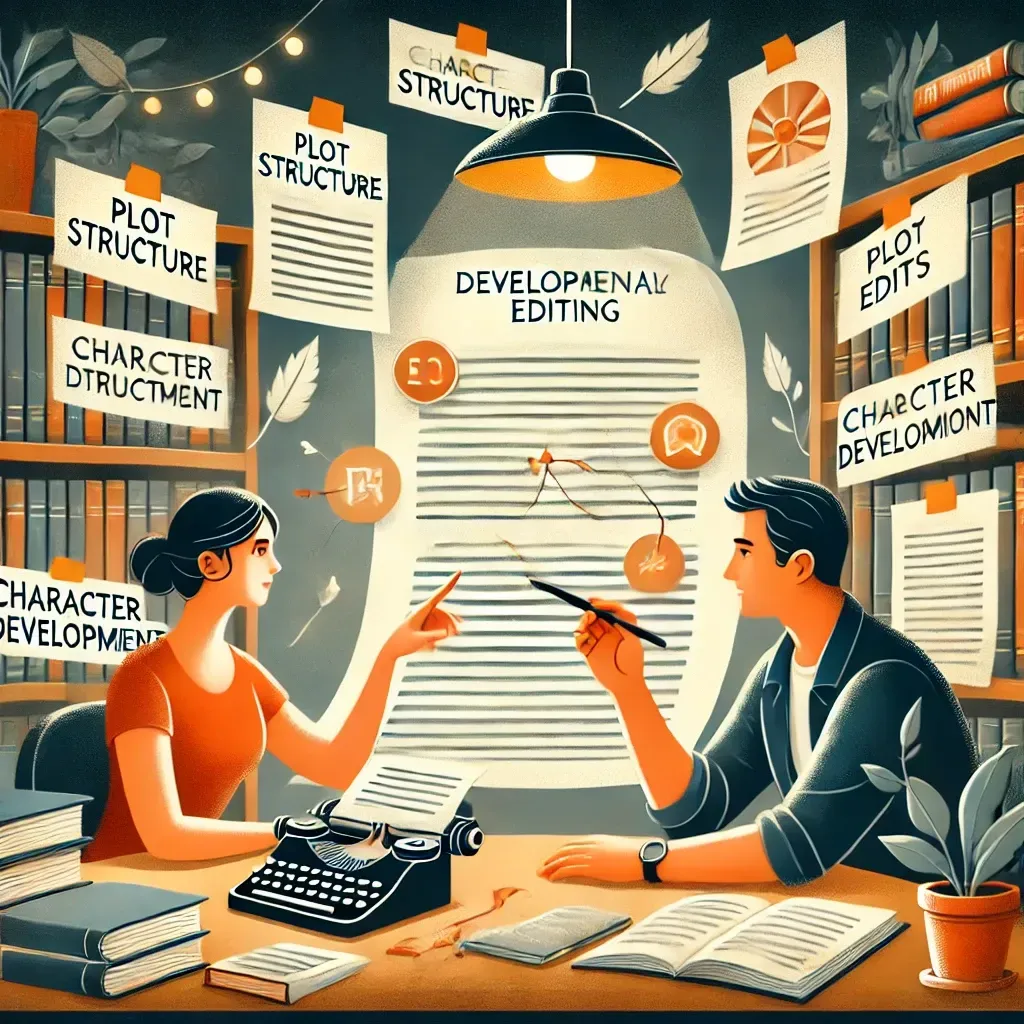 A visually engaging illustration of an aspiring author sitting at a desk, reviewing manuscript notes with a professional editor. The editor is pointing at a manuscript filled with annotations, structural edits, and story development suggestions. Floating pages around them highlight key elements like 'Plot Structure,' 'Character Development,' and 'Pacing.' The background features a bookshelf filled with literary works, symbolizing the journey toward publication. The warm and professional theme emphasizes the importance of developmental editing in shaping a compelling book.