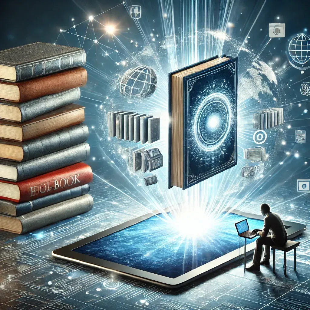 A futuristic illustration of the publishing industry's evolution. A large digital eBook hovers over a traditional stack of hardcover books, symbolizing the shift from traditional publishing to digital. The background features a glowing interconnected web, representing global eBook distribution. On one side, an aspiring author is typing on a laptop, while on the other, a self-published book is displayed on a tablet screen. The modern and dynamic theme highlights the accessibility and transformation of book publishing.