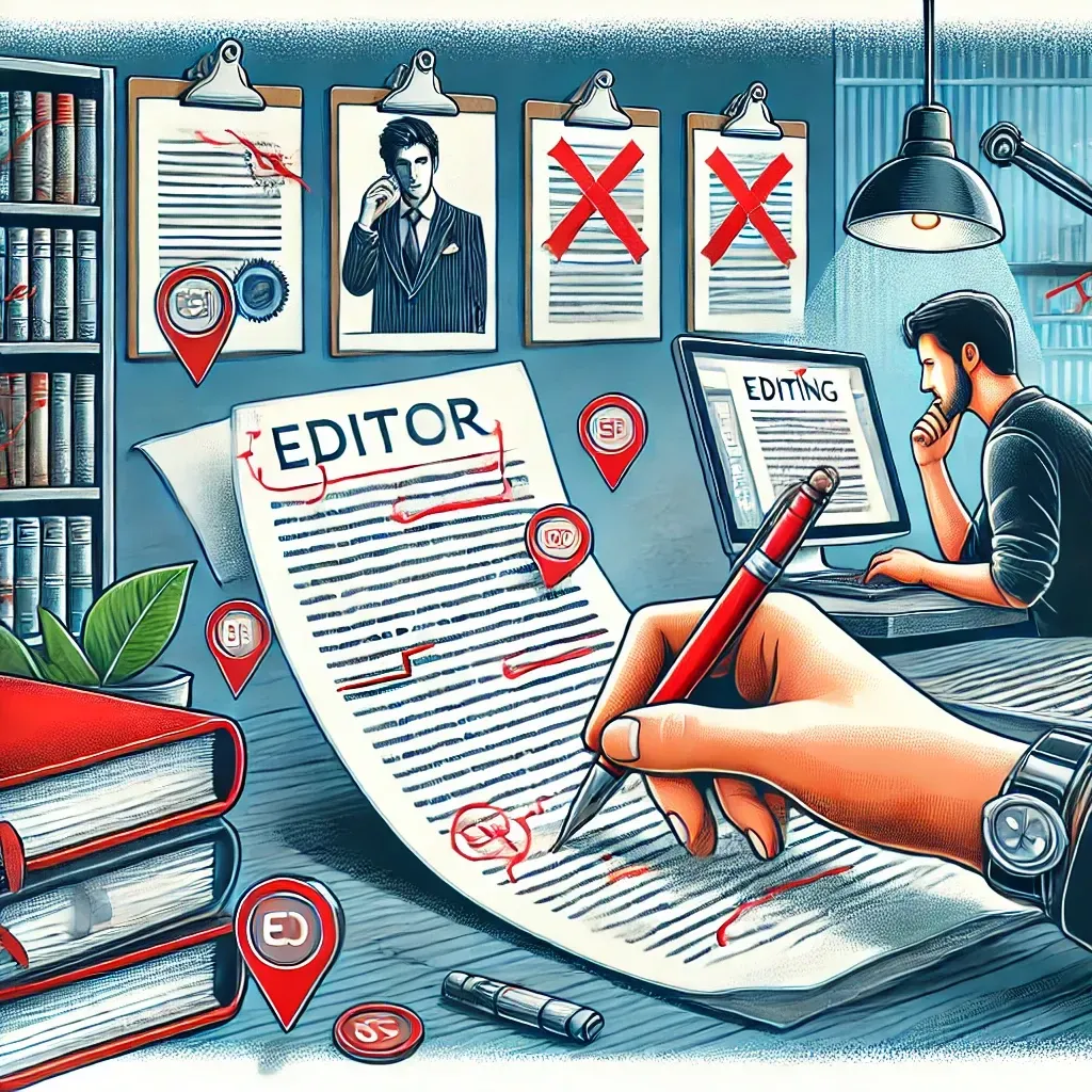 An illustration showcasing the role of professional book editing services. An editor meticulously reviews a manuscript with notes and annotations in red. A laptop screen displays a document with marked corrections, symbolizing the editing process. In the background, a self-published author discusses revisions with a team of publishing professionals. A bookshelf filled with completed books represents the journey from editing to publication. The theme is professional and detailed, emphasizing the importance of editing in book publishing.