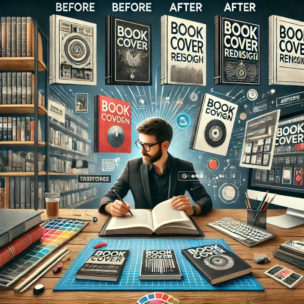 A visually engaging illustration of a book cover redesign process. A designer works on a digital tablet, refining a book cover with bold typography, high-quality images, and modern design elements. Floating book covers display 'before and after' transformations, highlighting changes in color, font, and layout. In the background, bookshelves filled with professionally designed books represent the impact of a strong cover. The creative and professional theme emphasizes the importance of book cover redesign for better sales.