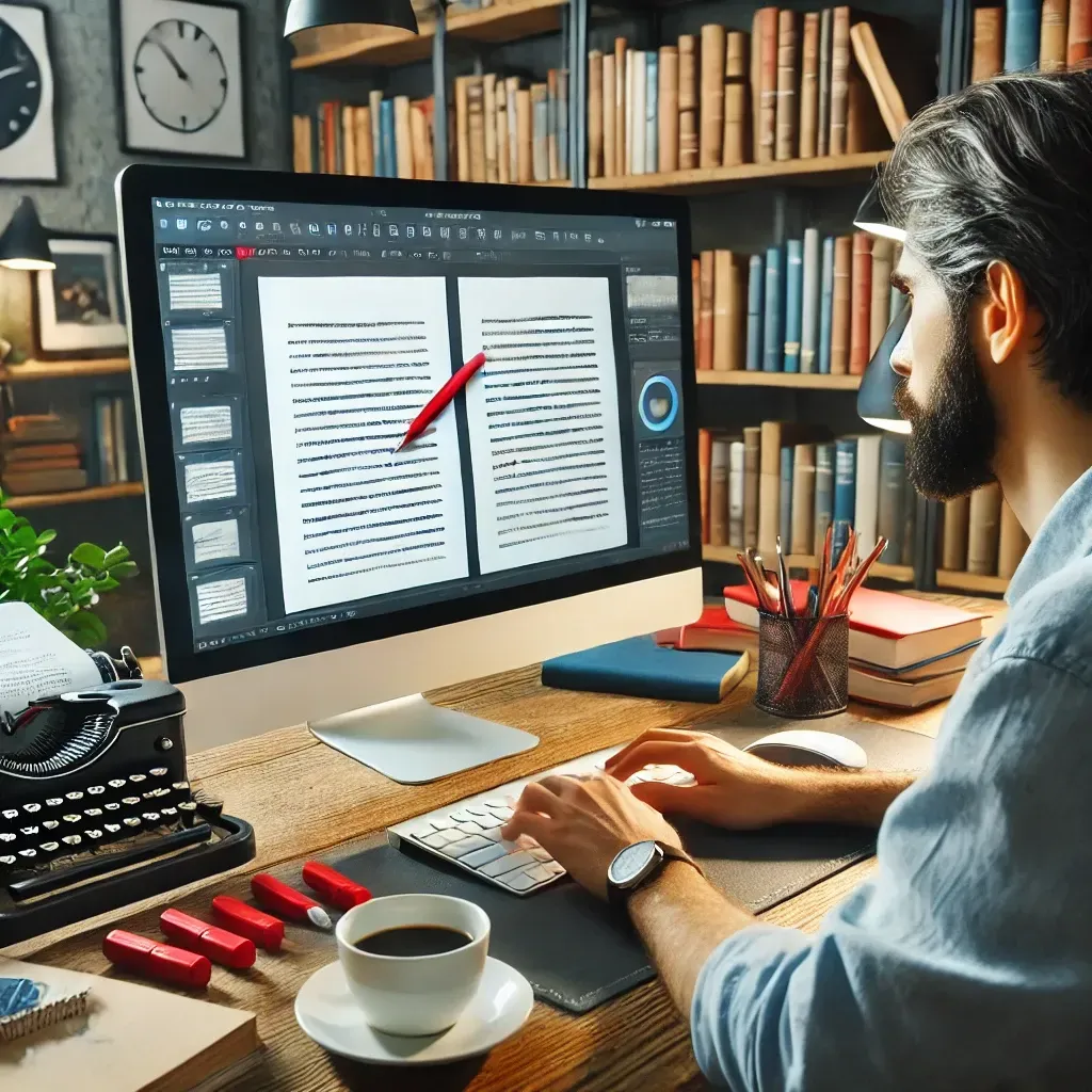 A professional editor carefully reviewing a self-published manuscript on a computer screen, surrounded by books, notes, and proofreading marks. The workspace is well-lit with a cozy, organized atmosphere. A cup of coffee sits beside the editor, and a bookshelf filled with various books on writing and editing is in the background.
