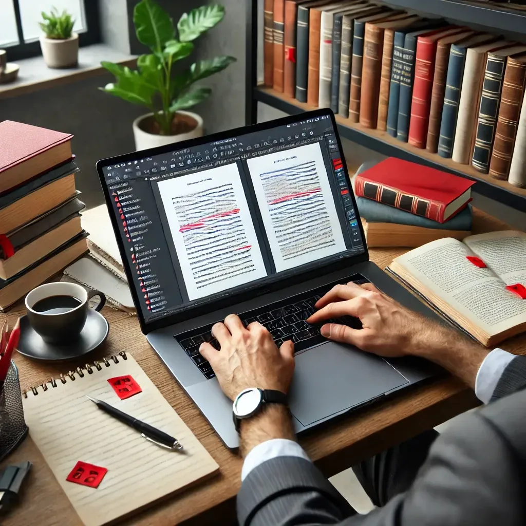 A self-published author reviewing their manuscript on a laptop, with editing notes and red markings on the screen. The workspace is neat, featuring a stack of books, a notepad, and a cup of coffee nearby. A bookshelf filled with reference materials and a plant add to the cozy and professional atmosphere.